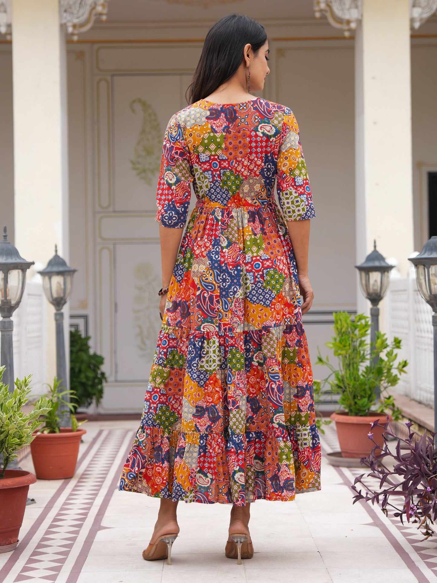Soft Cotton Patchwork Flared Multicolor Dress