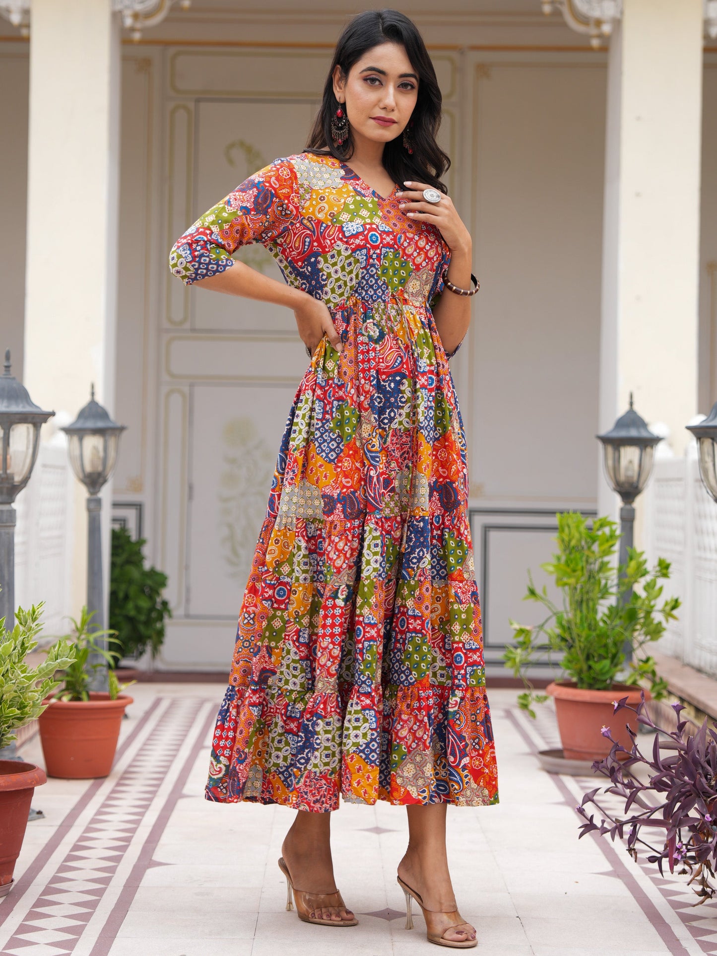 Soft Cotton Patchwork Flared Multicolor Dress