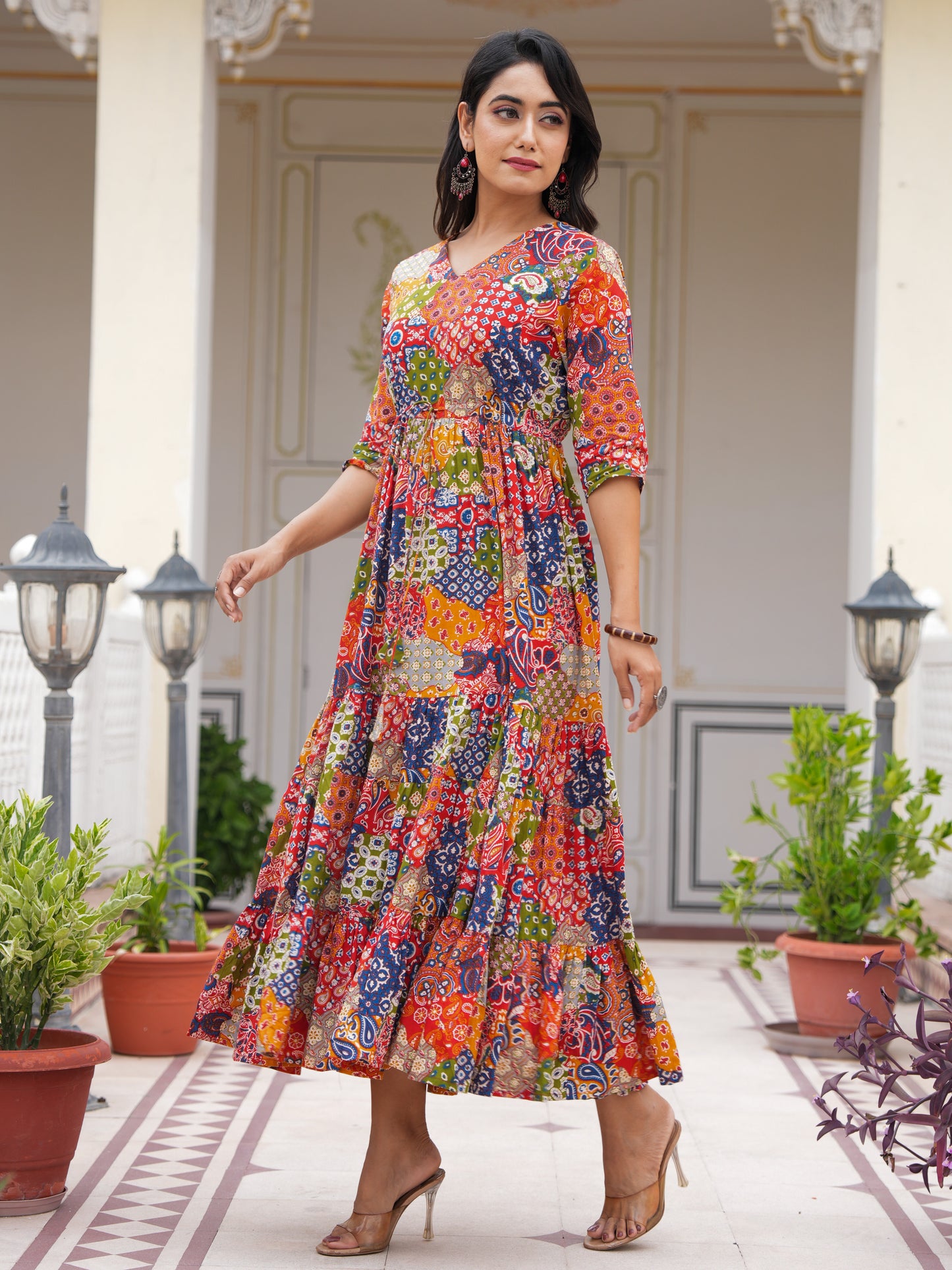 Soft Cotton Patchwork Flared Multicolor Dress