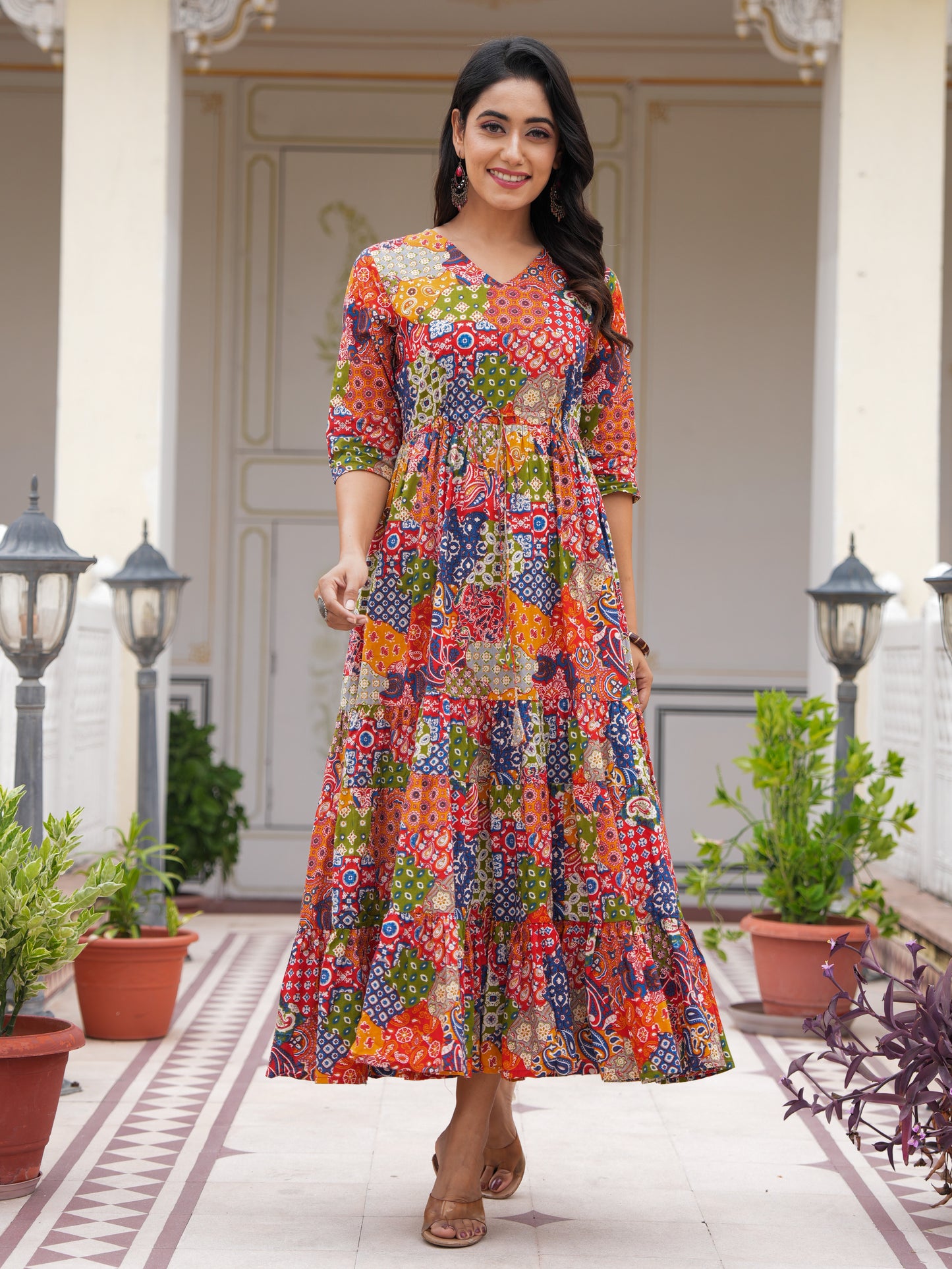 Soft Cotton Patchwork Flared Multicolor Dress