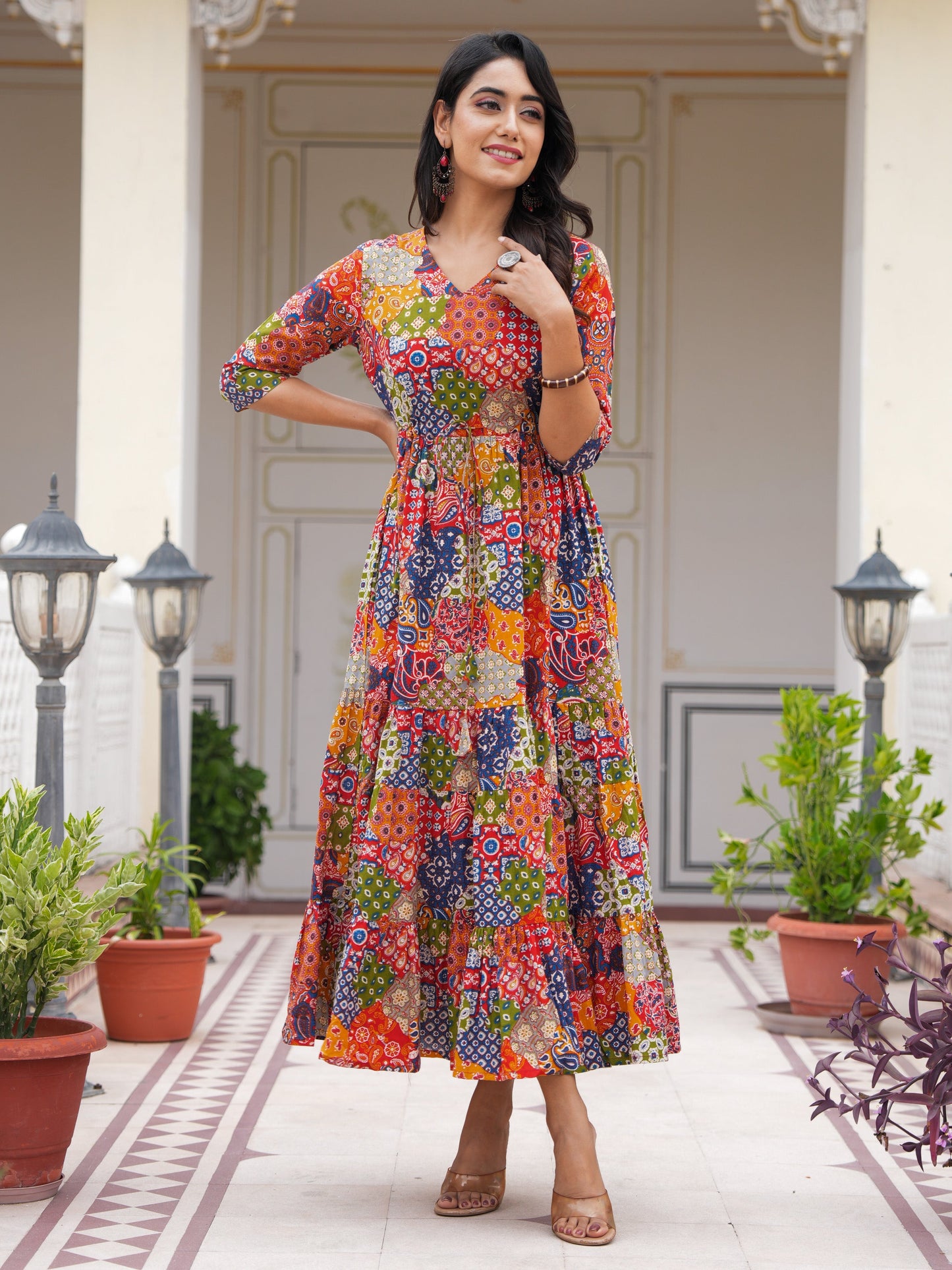Soft Cotton Patchwork Flared Multicolor Dress