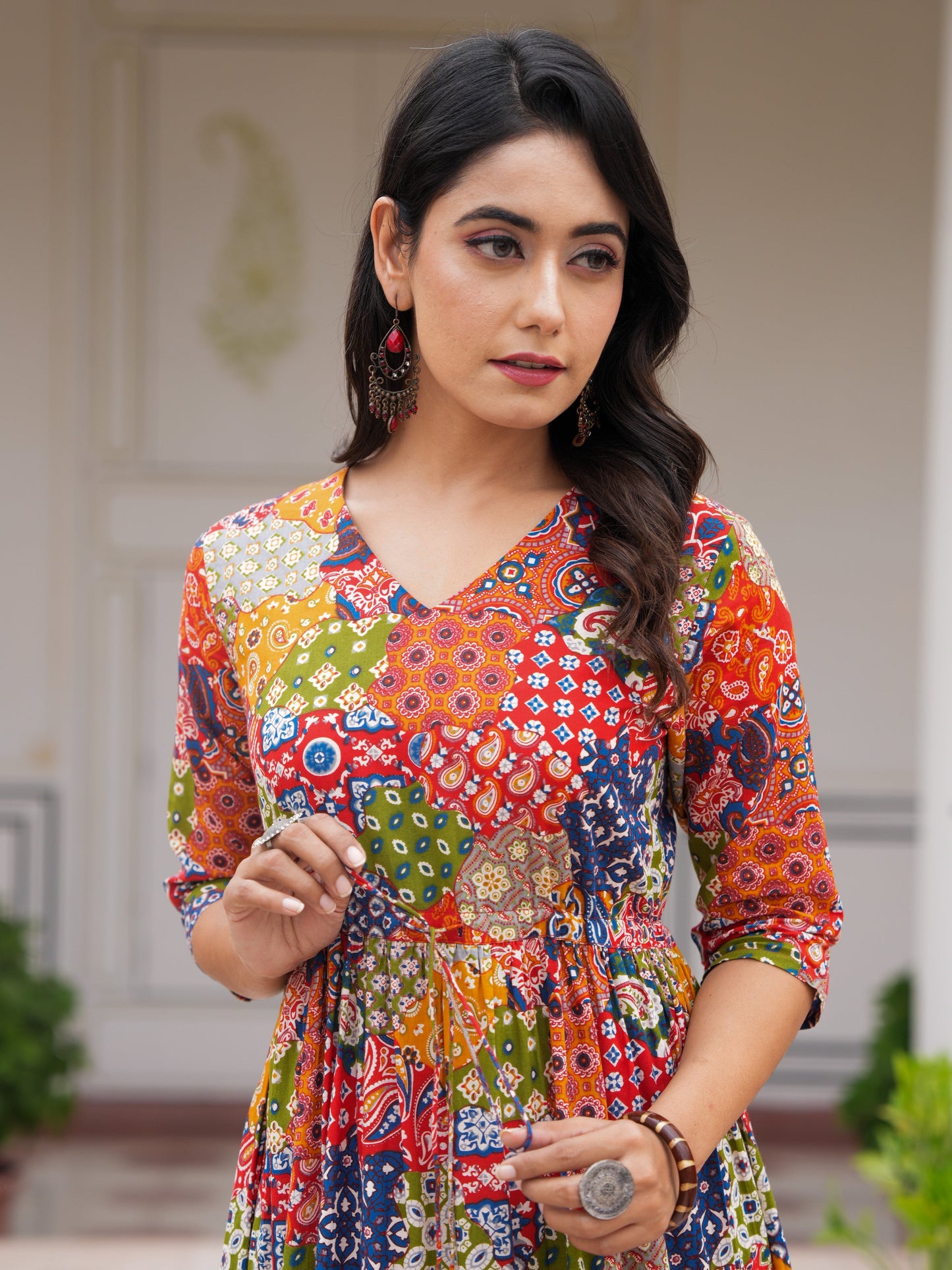 Soft Cotton Patchwork Flared Multicolor Dress