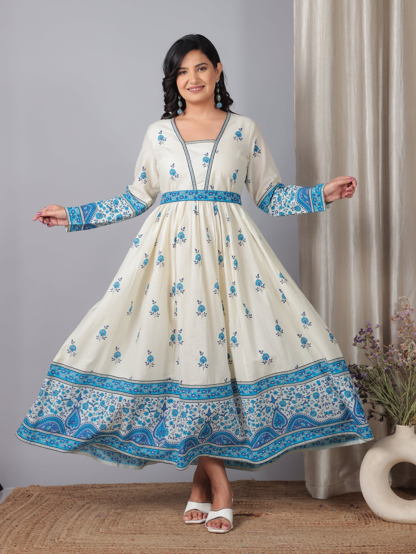 Soft Cotton Floral Anarkali Off White Dress