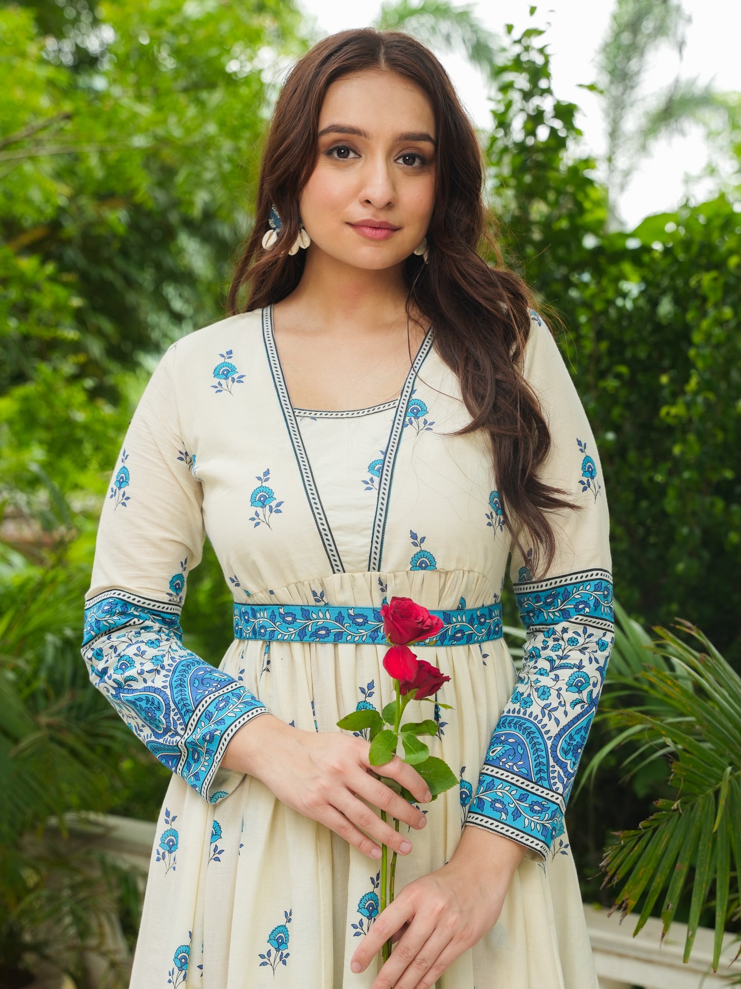 Soft Cotton Floral Anarkali Off White Dress