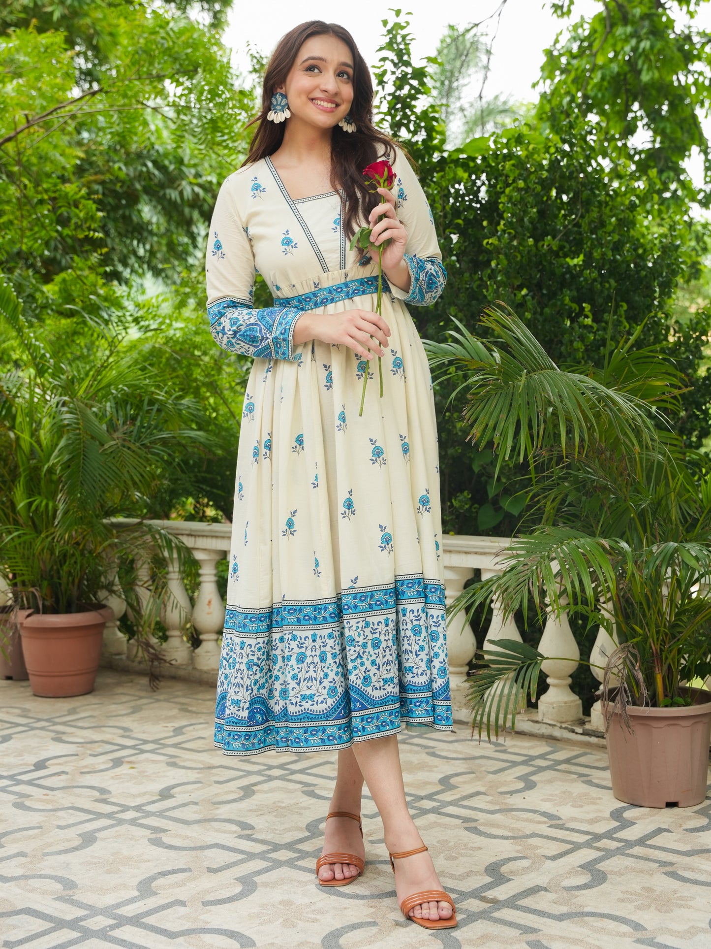 Soft Cotton Floral Anarkali Off White Dress