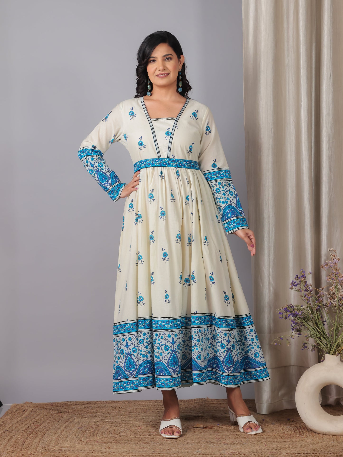 Soft Cotton Floral Anarkali Off White Dress