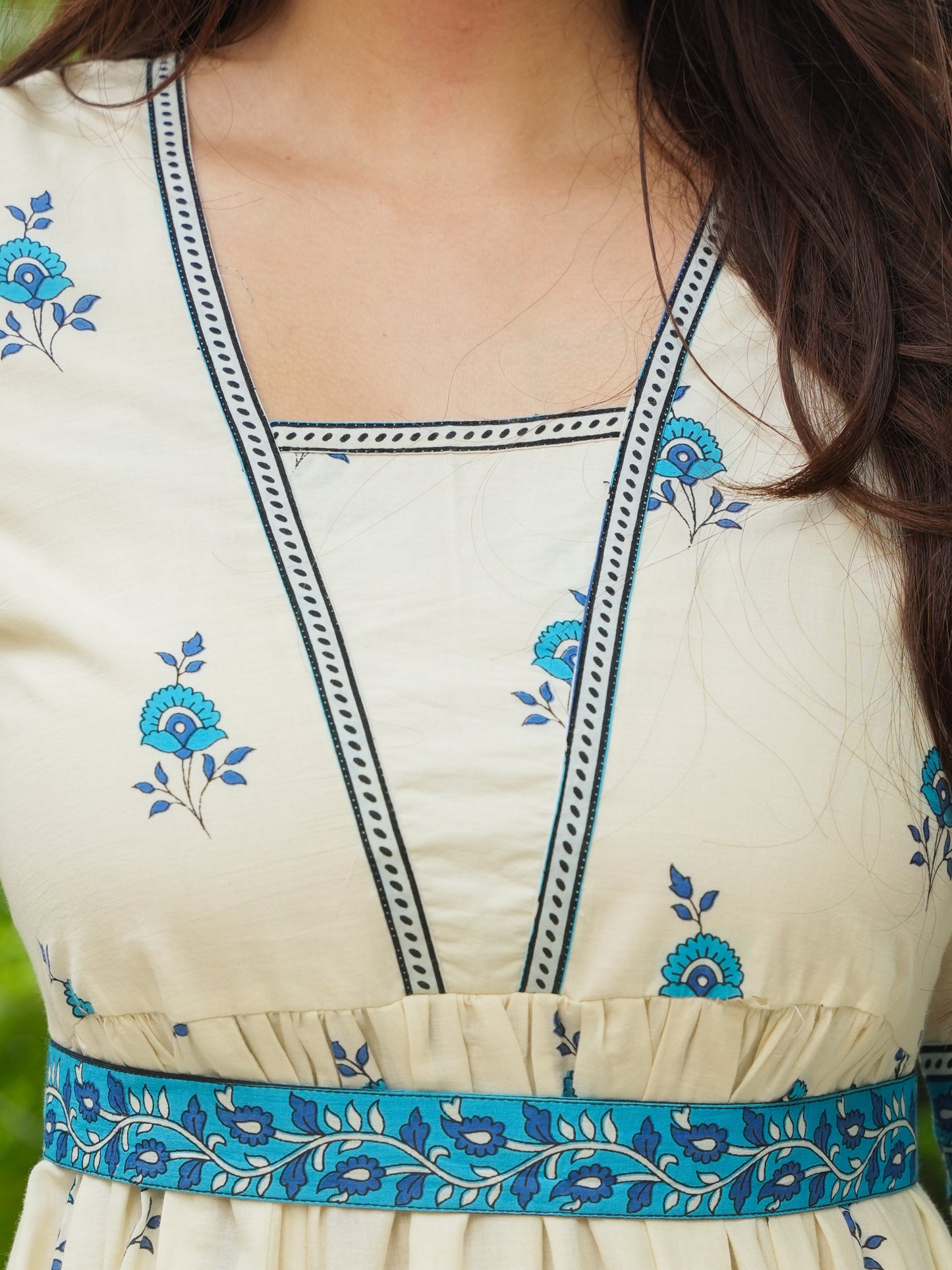 Soft Cotton Floral Anarkali Off White Dress
