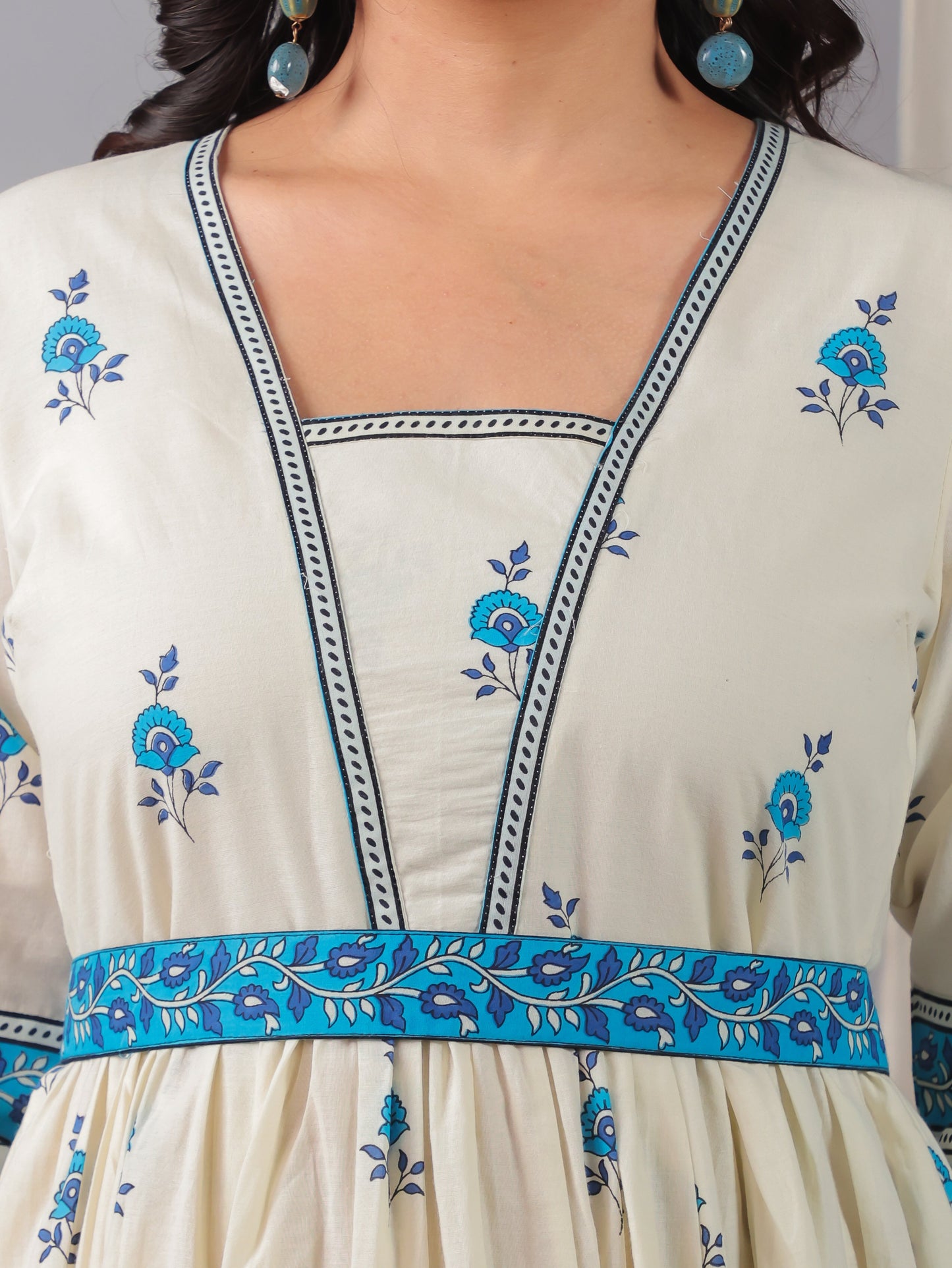 Soft Cotton Floral Anarkali Off White Dress