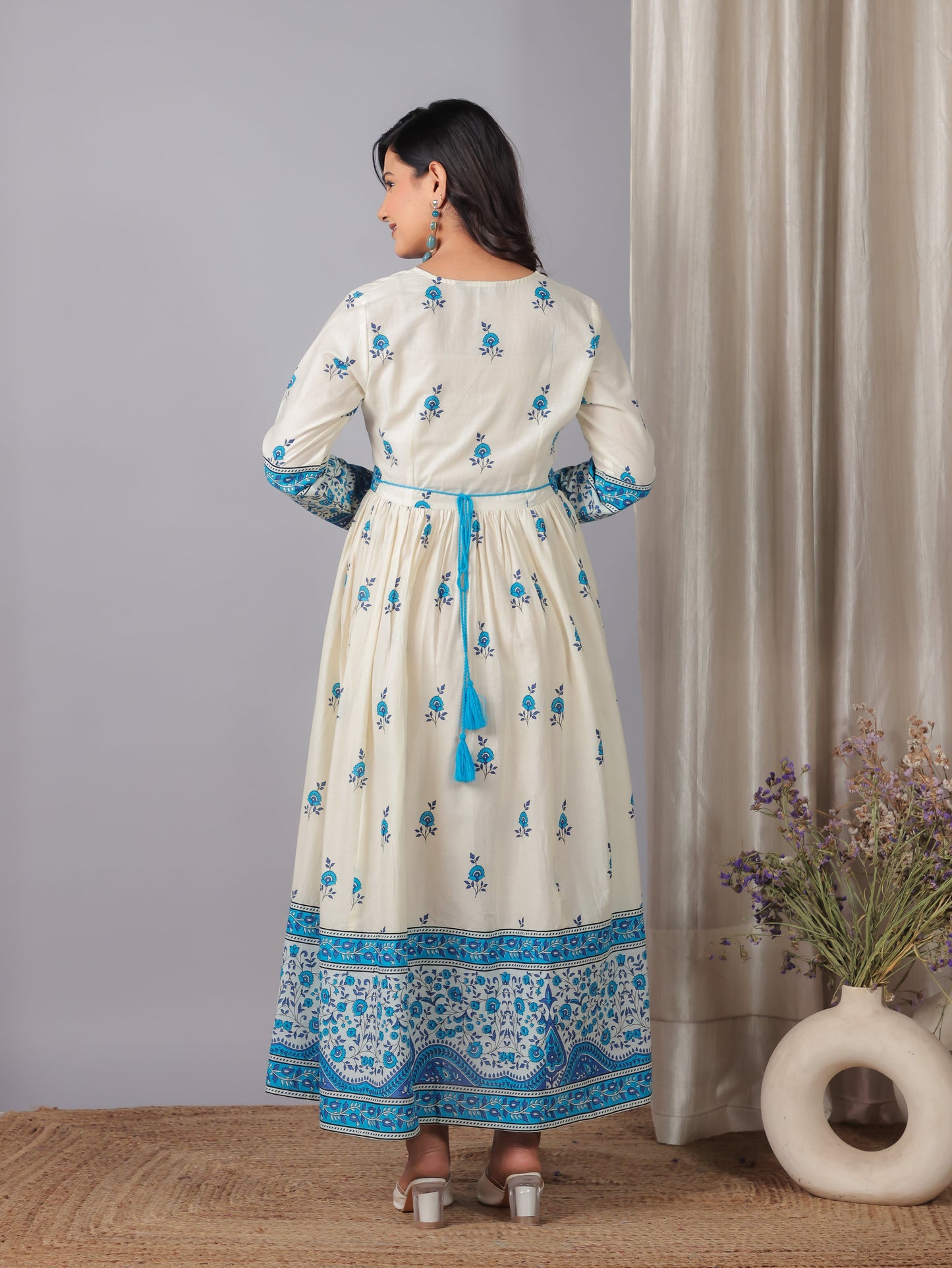 Soft Cotton Floral Anarkali Off White Dress
