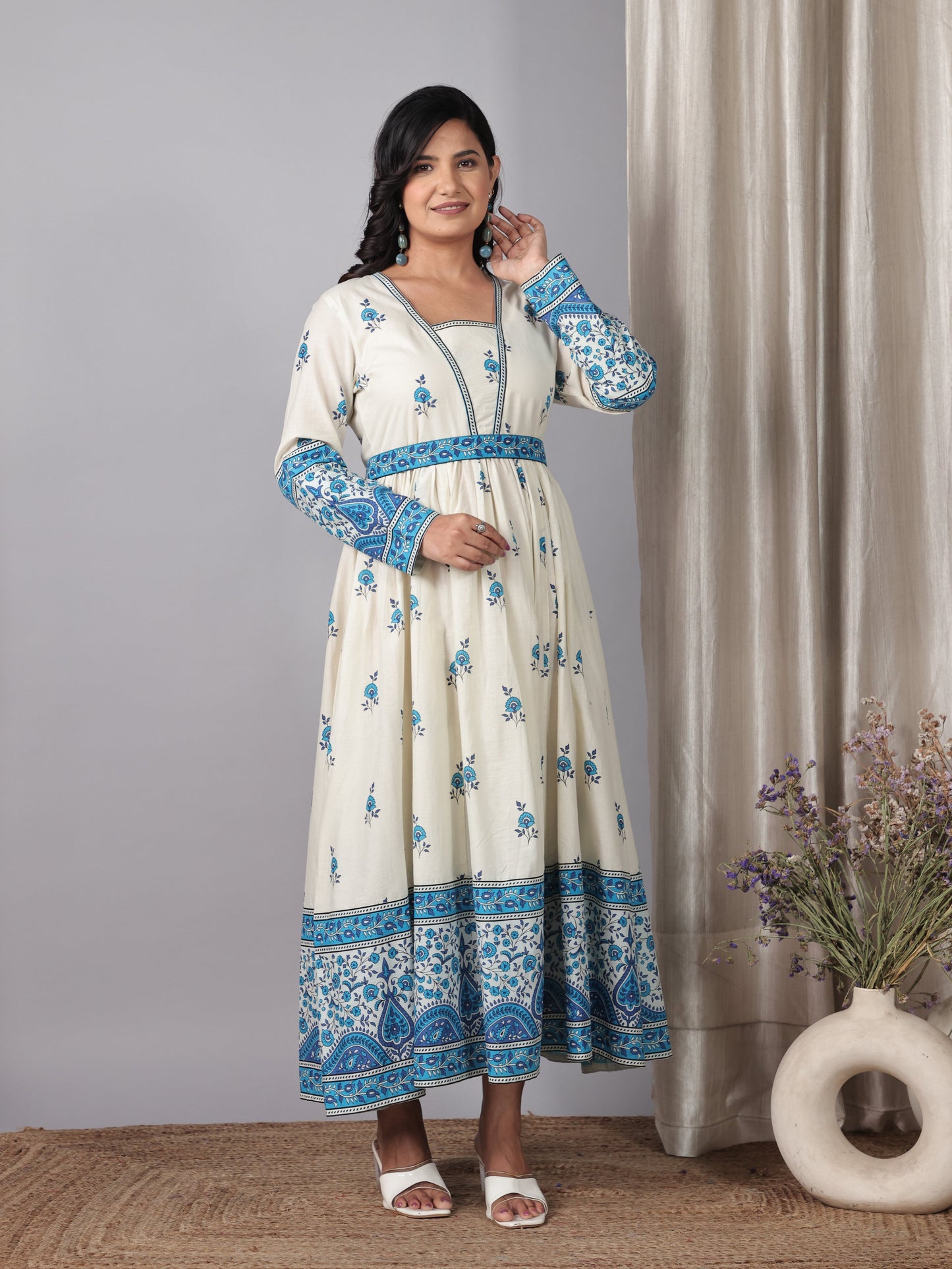 Soft Cotton Floral Anarkali Off White Dress