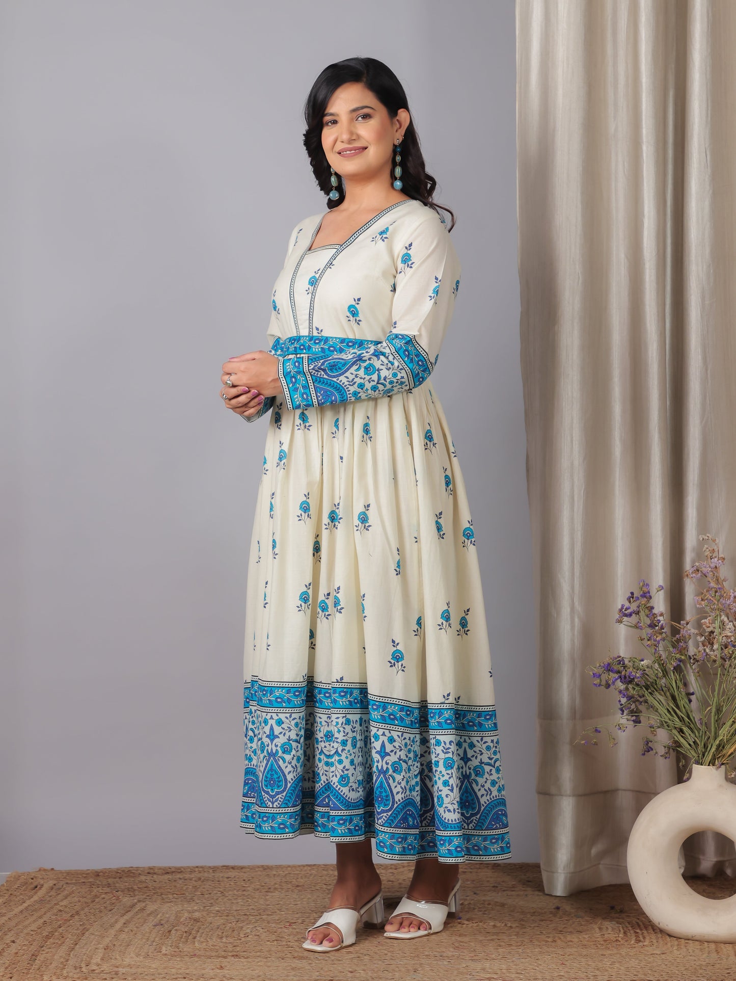 Soft Cotton Floral Anarkali Off White Dress