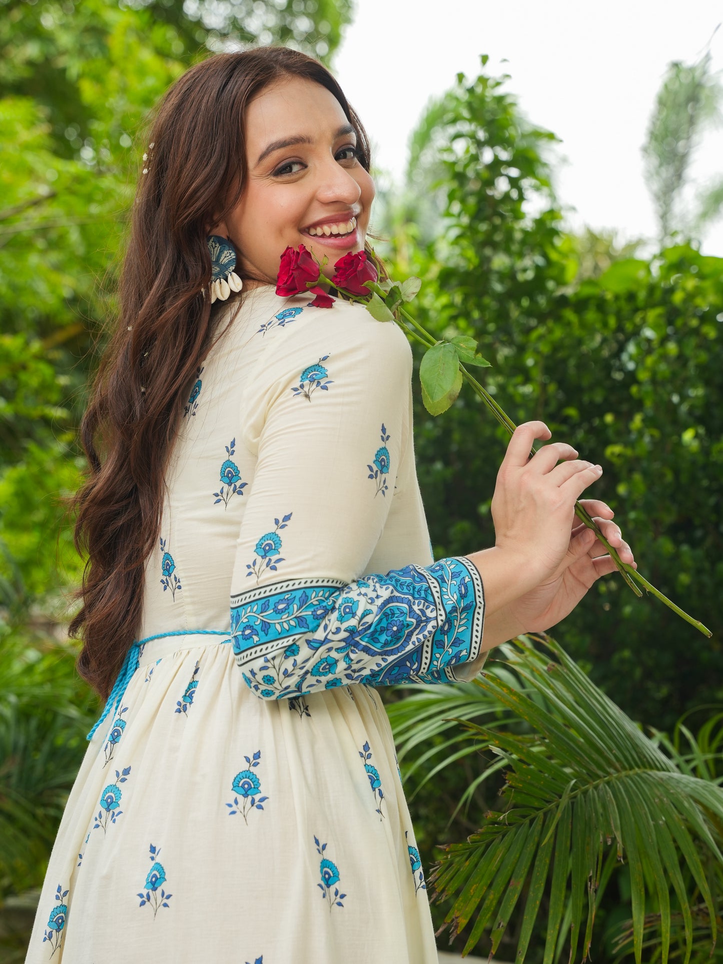 Soft Cotton Floral Anarkali Off White Dress