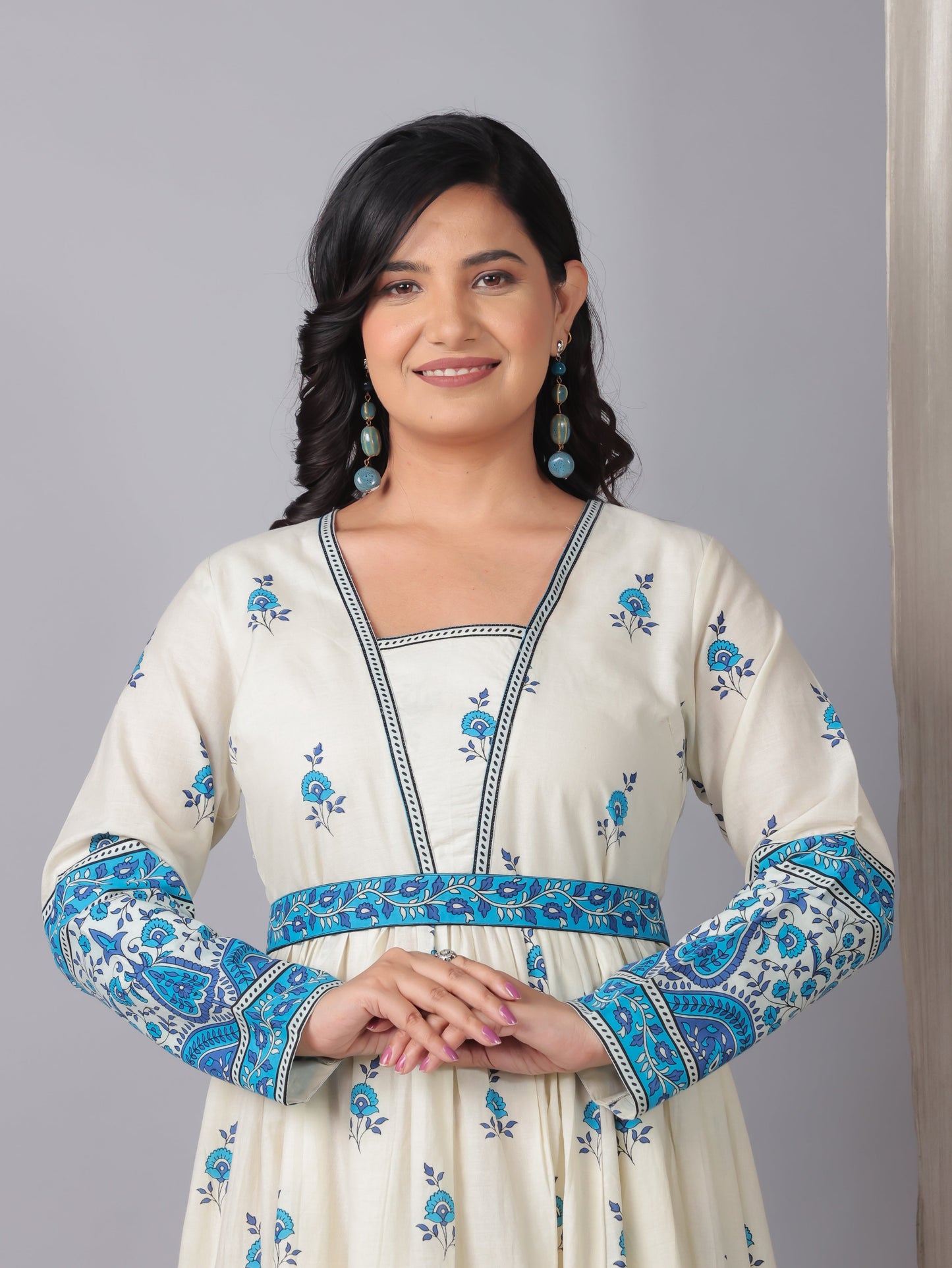 Soft Cotton Floral Anarkali Off White Dress