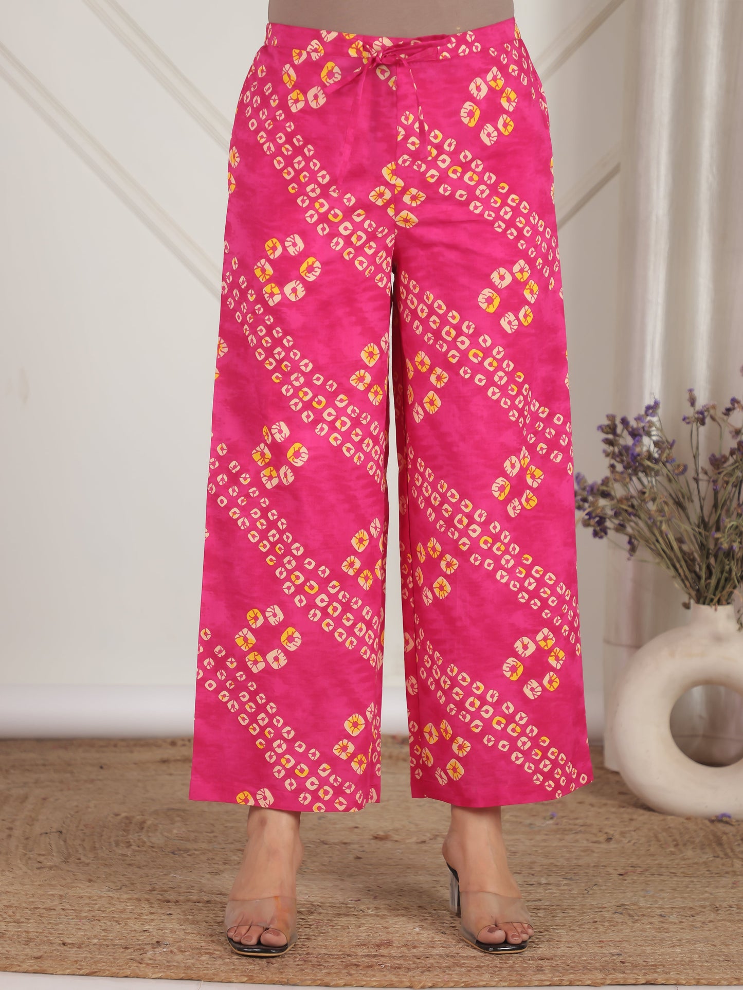 Soft Cotton Bandhani Pink Flared Trousers