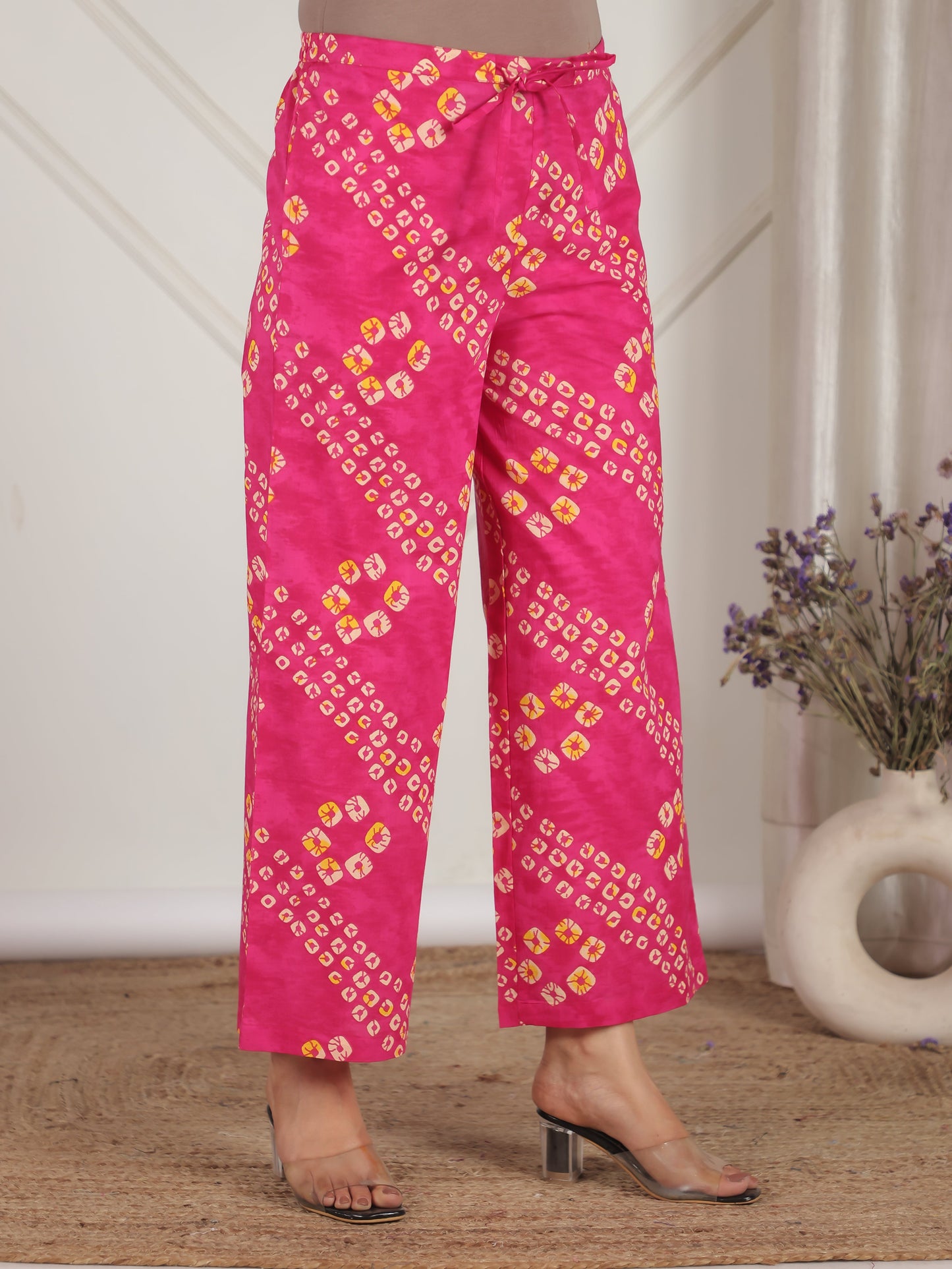 Soft Cotton Bandhani Pink Flared Trousers