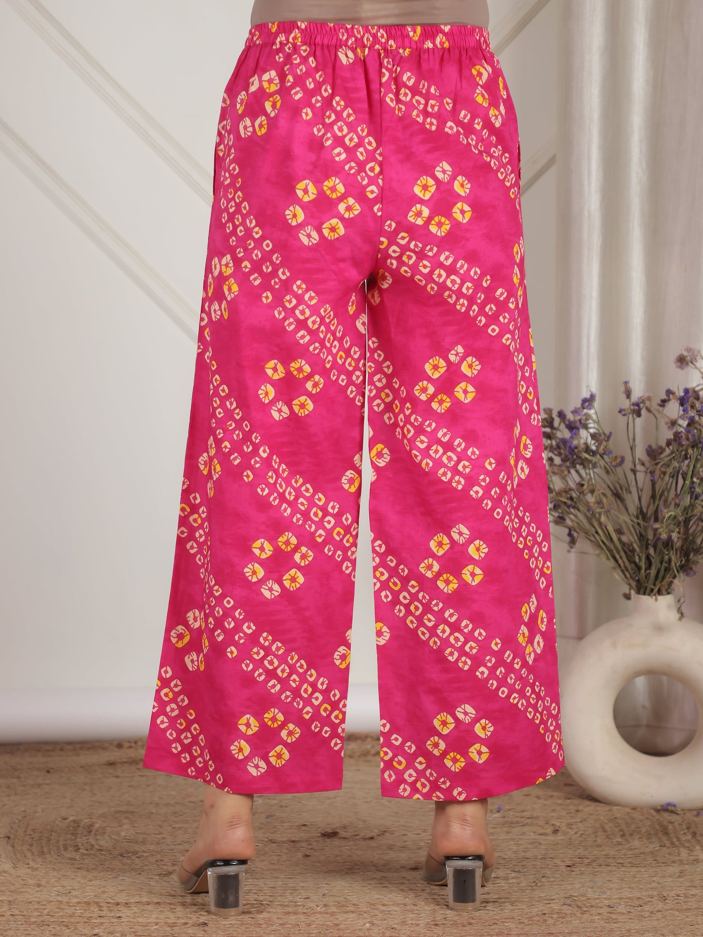 Soft Cotton Bandhani Pink Flared Trousers