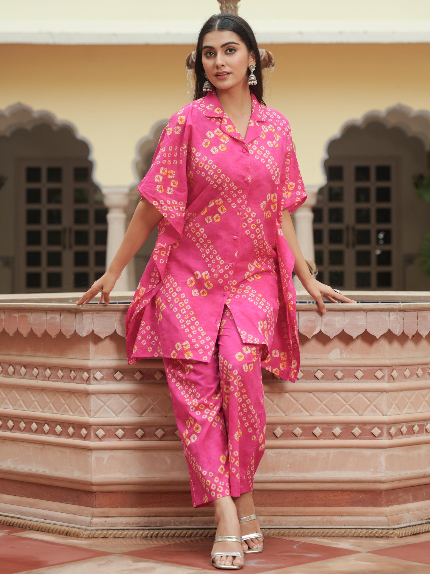 Soft Cotton Bandhani Kaftan Pink Kurta