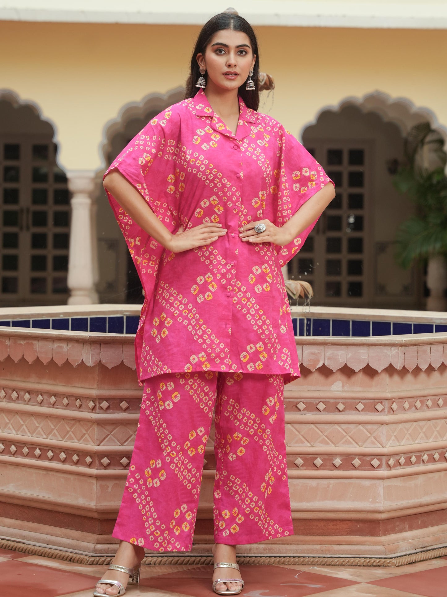 Soft Cotton Bandhani Kaftan Pink Kurta