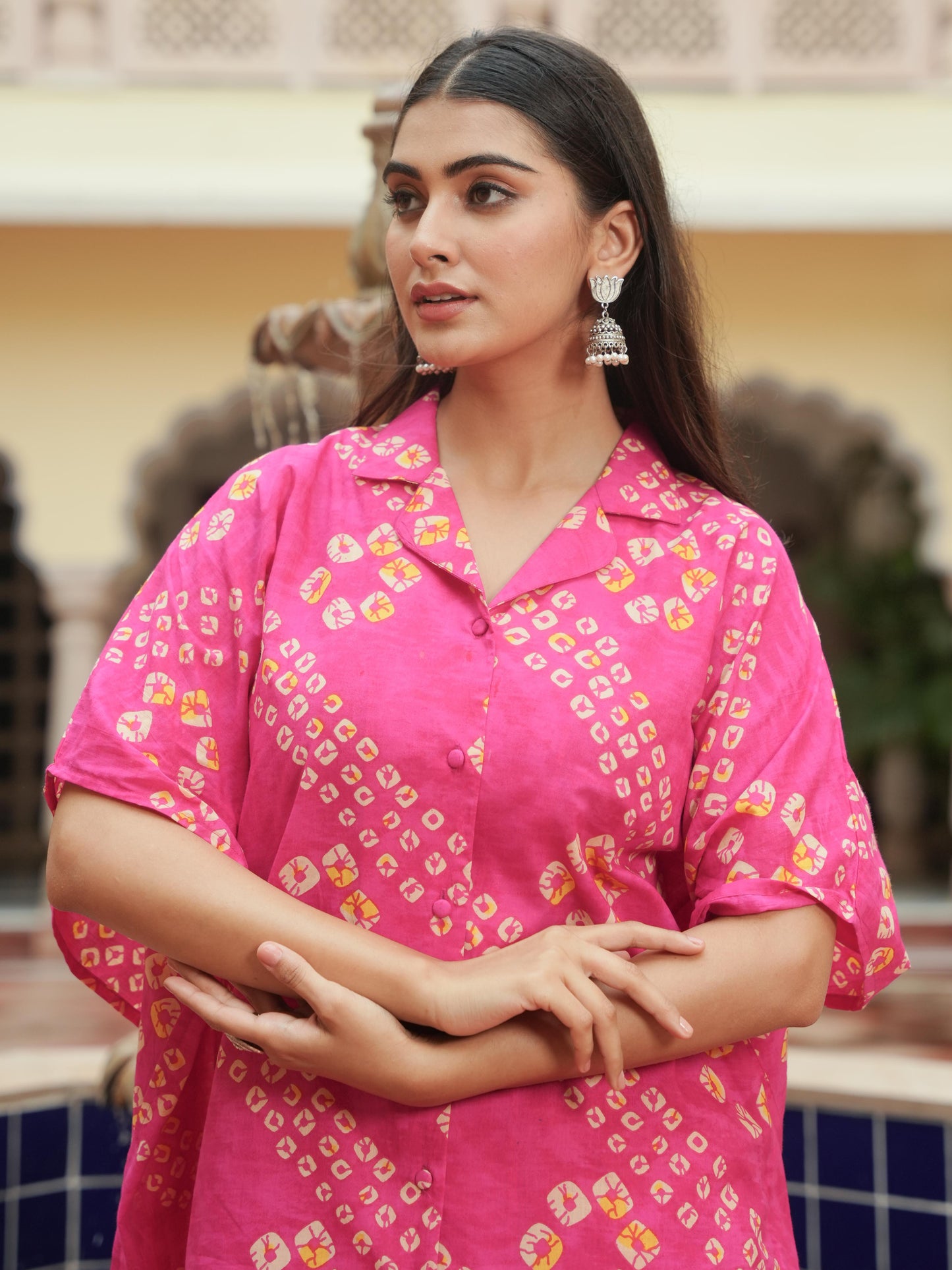 Soft Cotton Bandhani Kaftan Pink Kurta