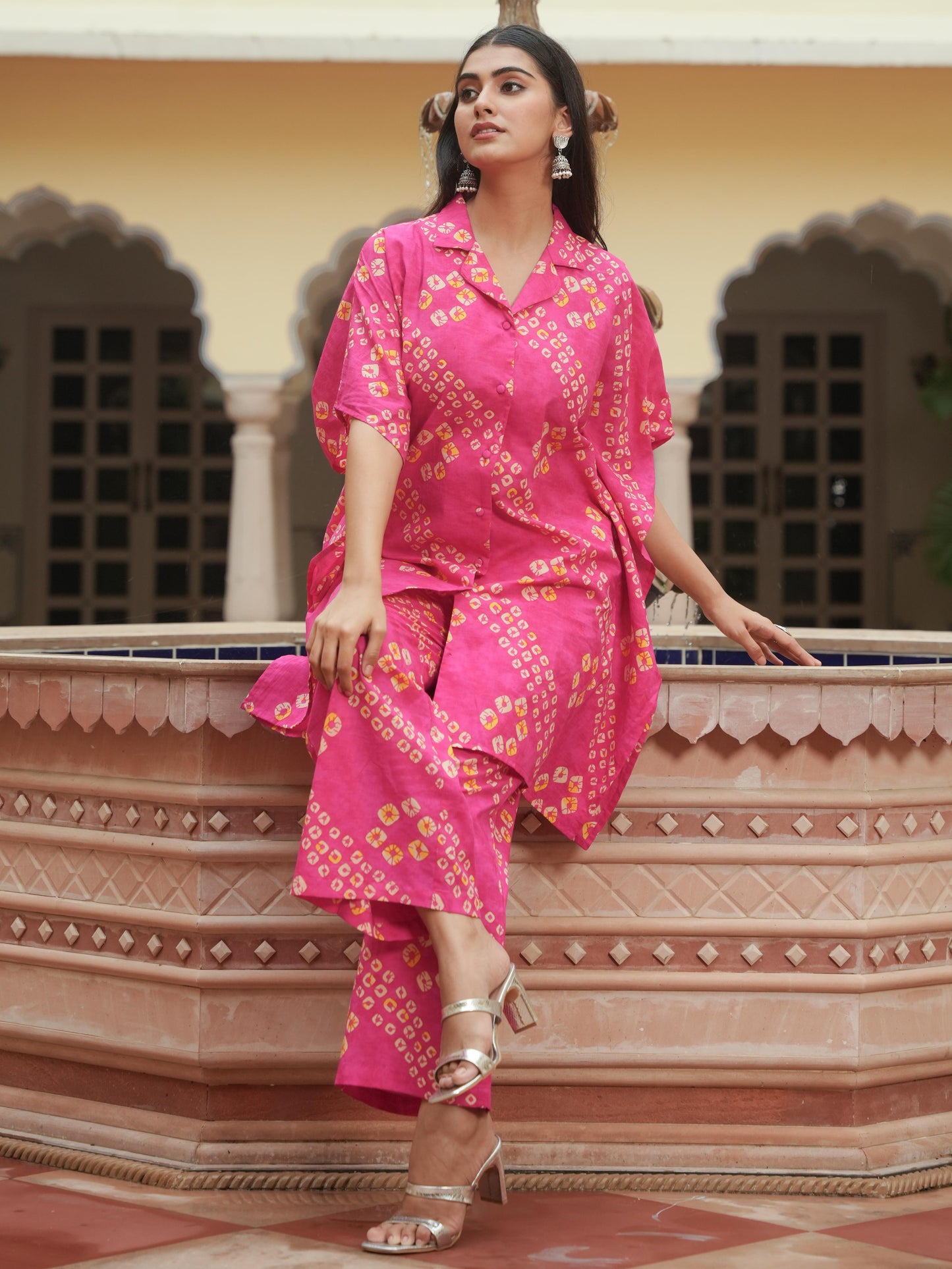 Soft Cotton Bandhani Kaftan Pink Kurta