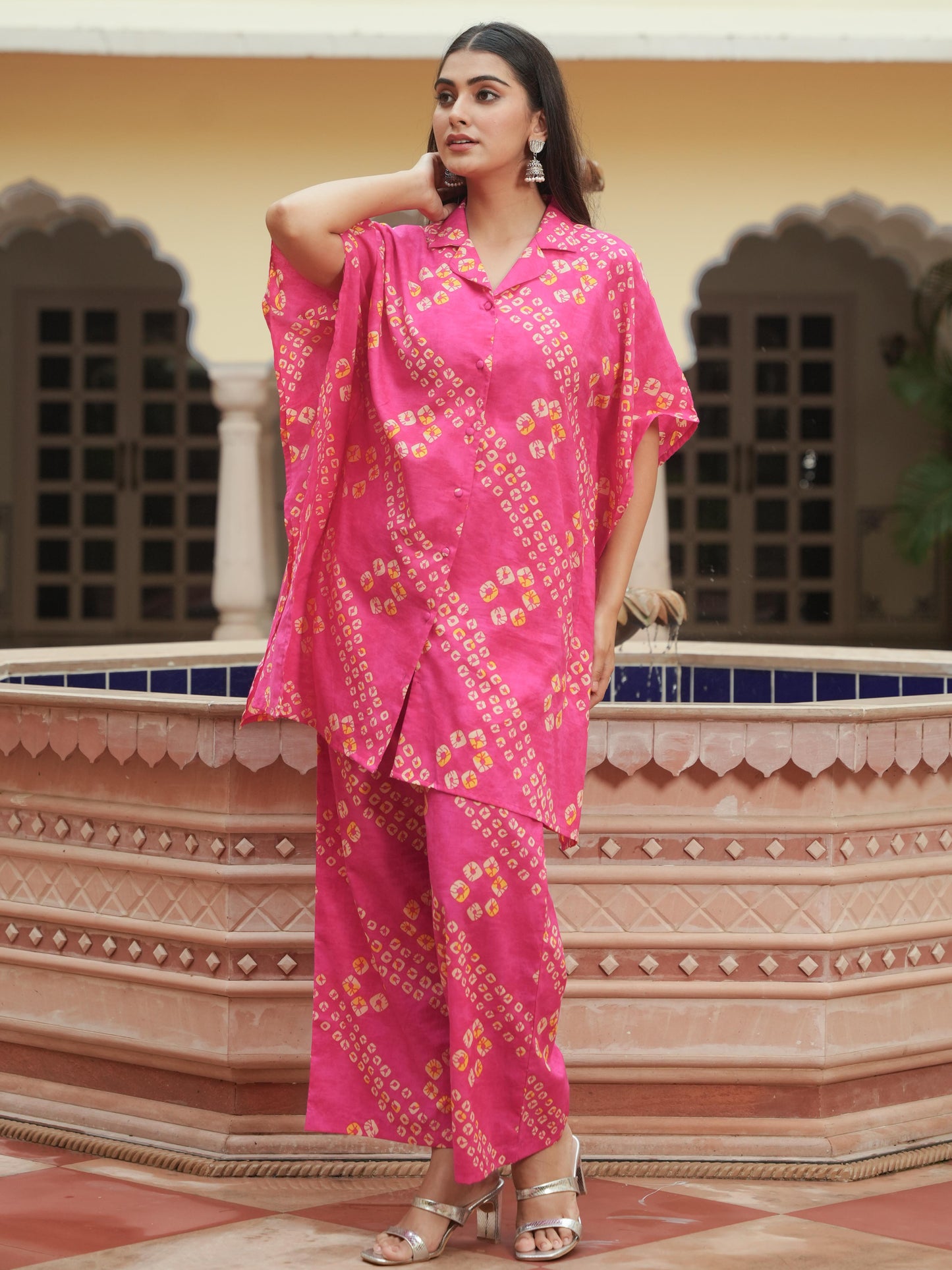 Soft Cotton Bandhani Kaftan Pink Kurta