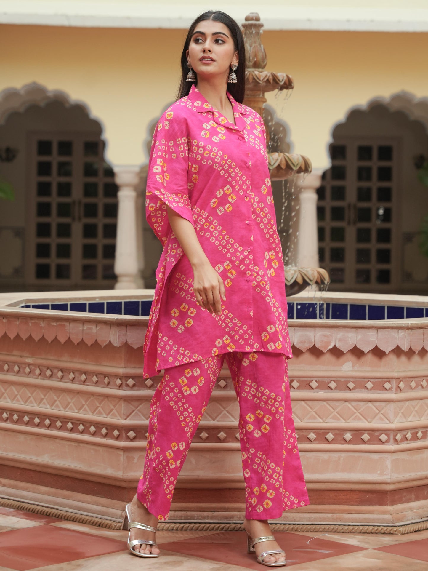 Soft Cotton Bandhani Kaftan Pink Kurta