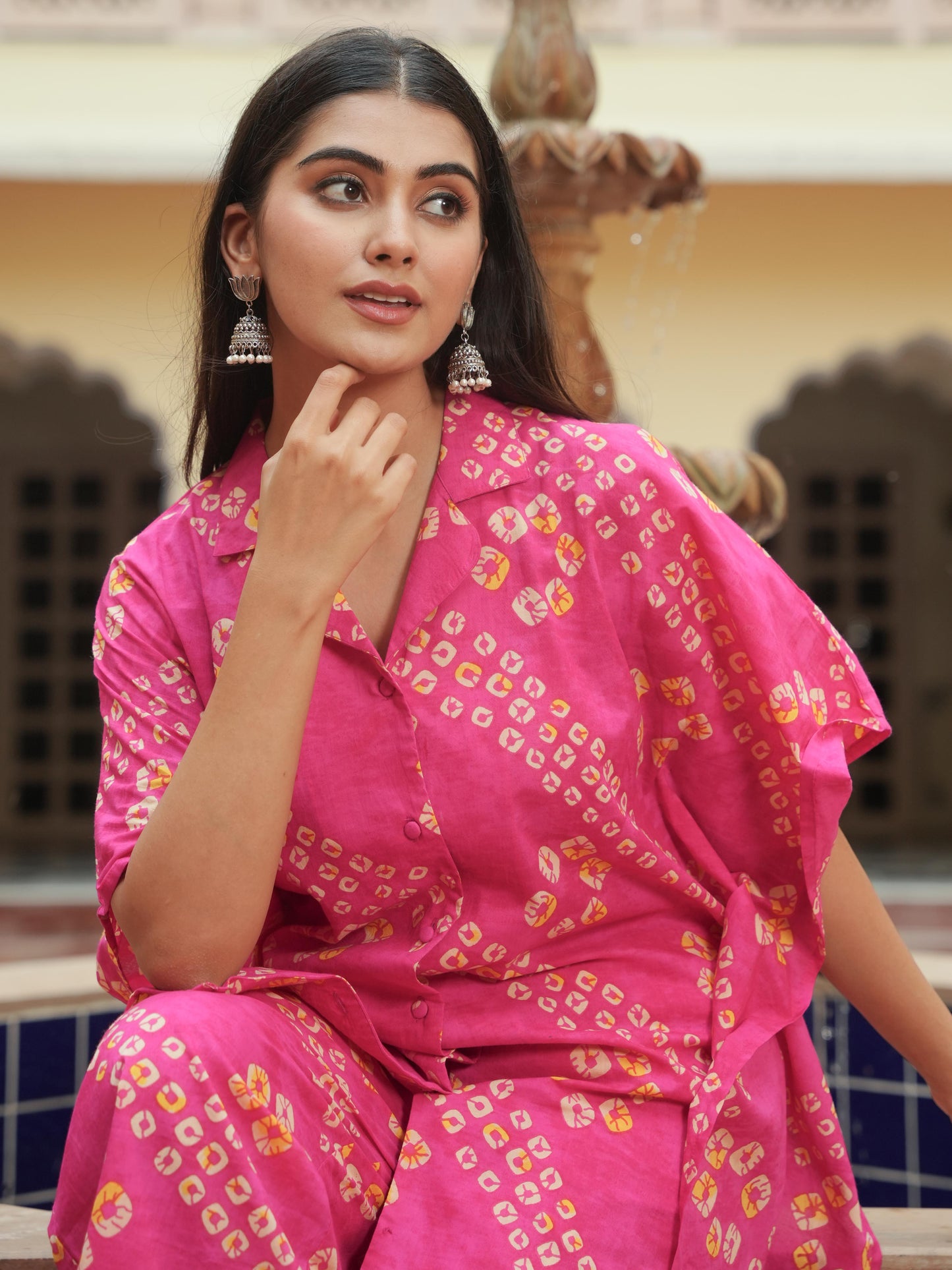 Soft Cotton Bandhani Kaftan Pink Kurta