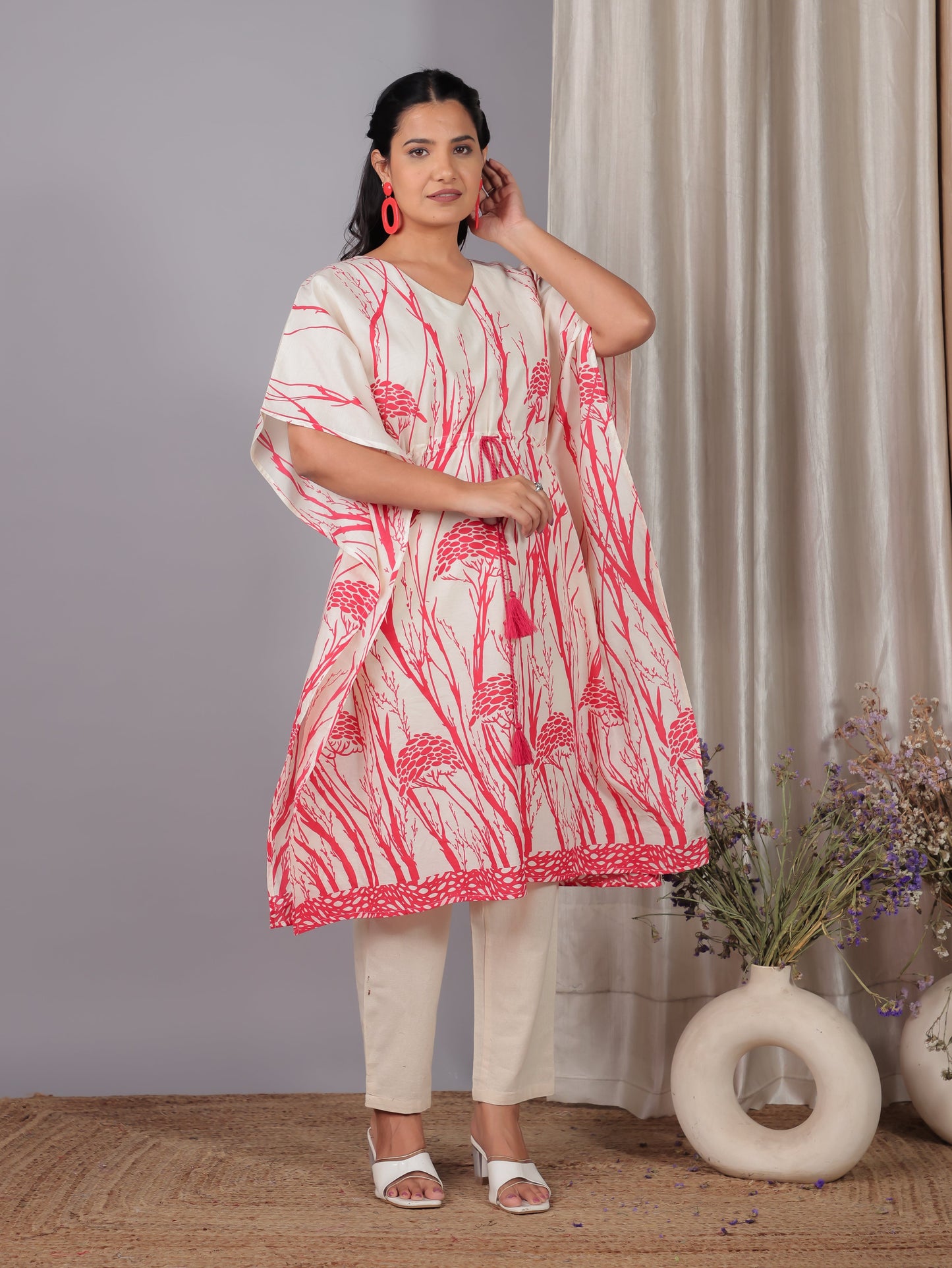 Soft Cotton Foliage Kaftan Cream Kurta