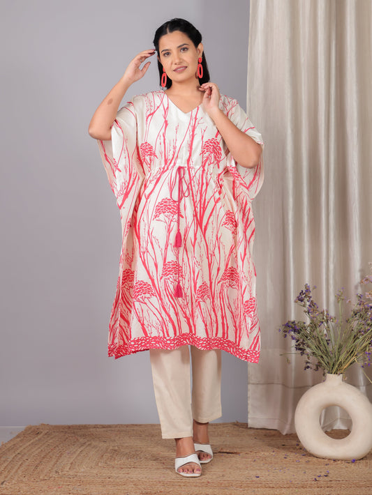 Soft Cotton Foliage Kaftan Cream Kurta