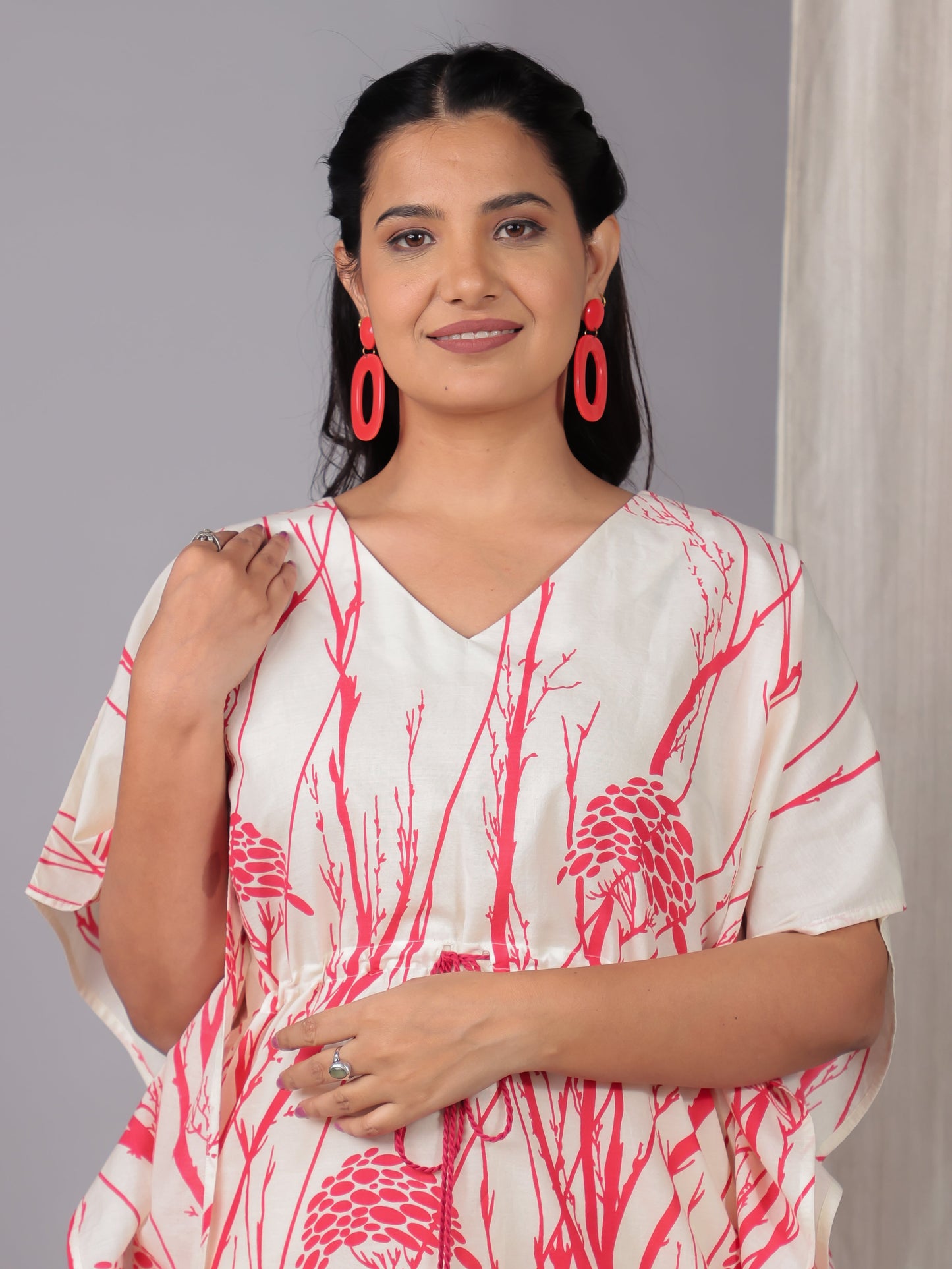 Soft Cotton Foliage Kaftan Cream Kurta
