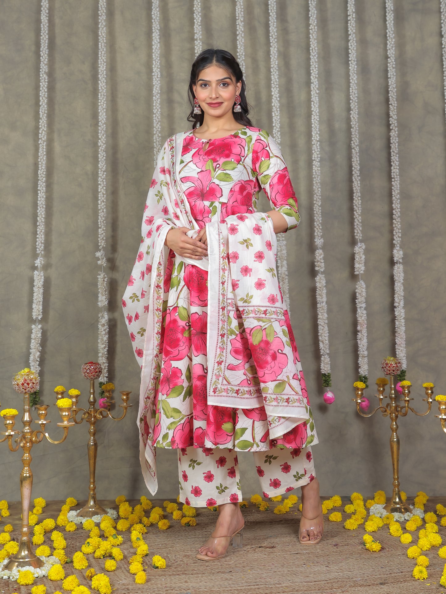 Soft Cotton Floral Anarkali Off White Kurta
