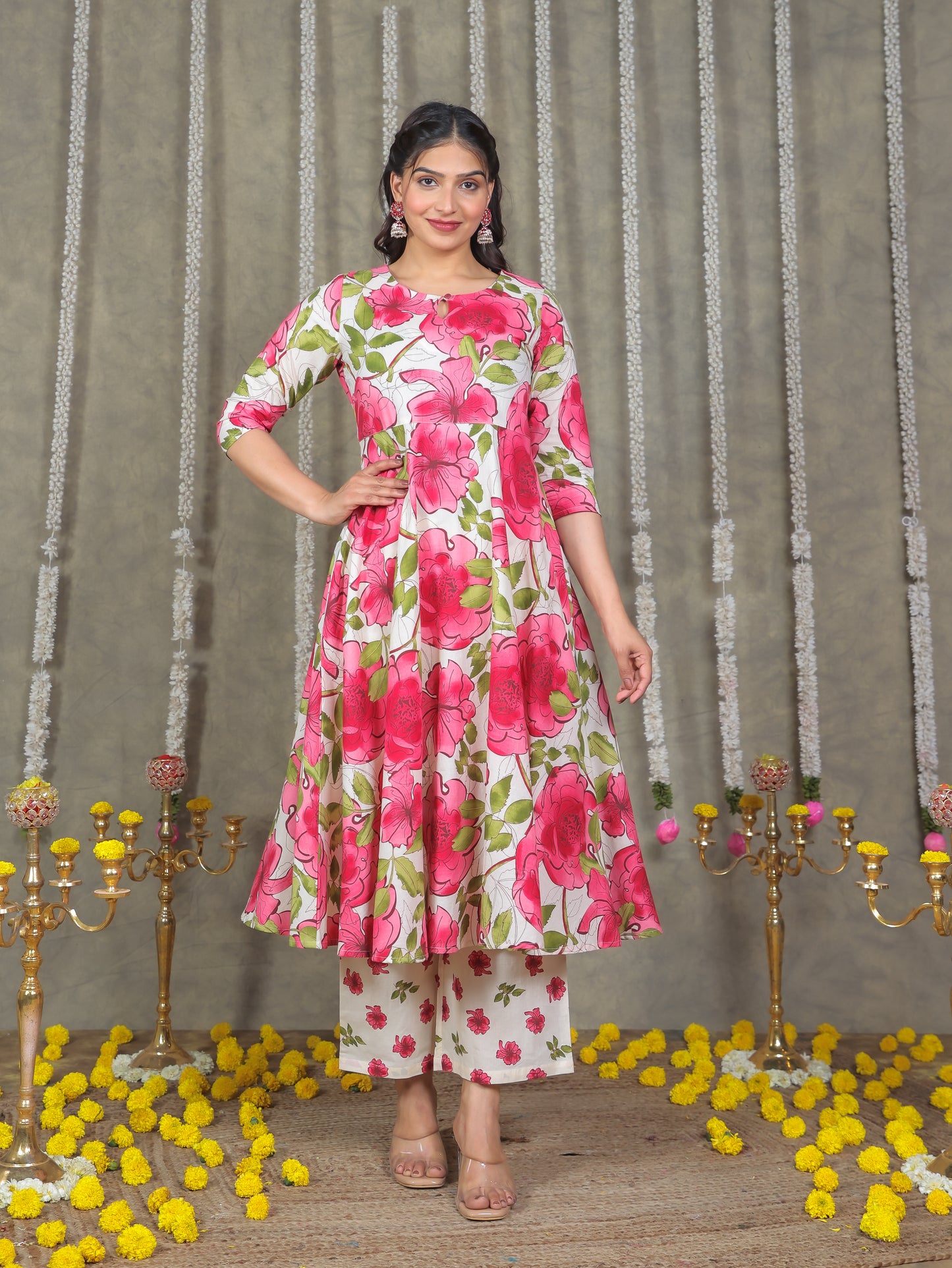 Soft Cotton Floral Anarkali Off White Kurta