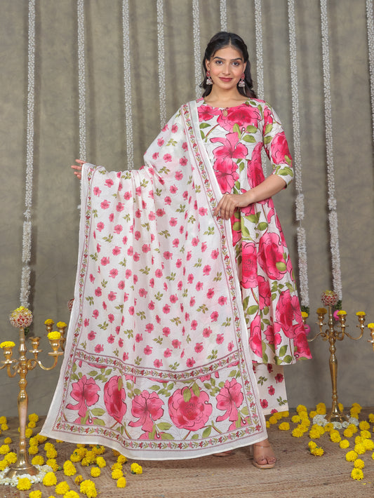 Soft Cotton Floral Anarkali Off White Kurta