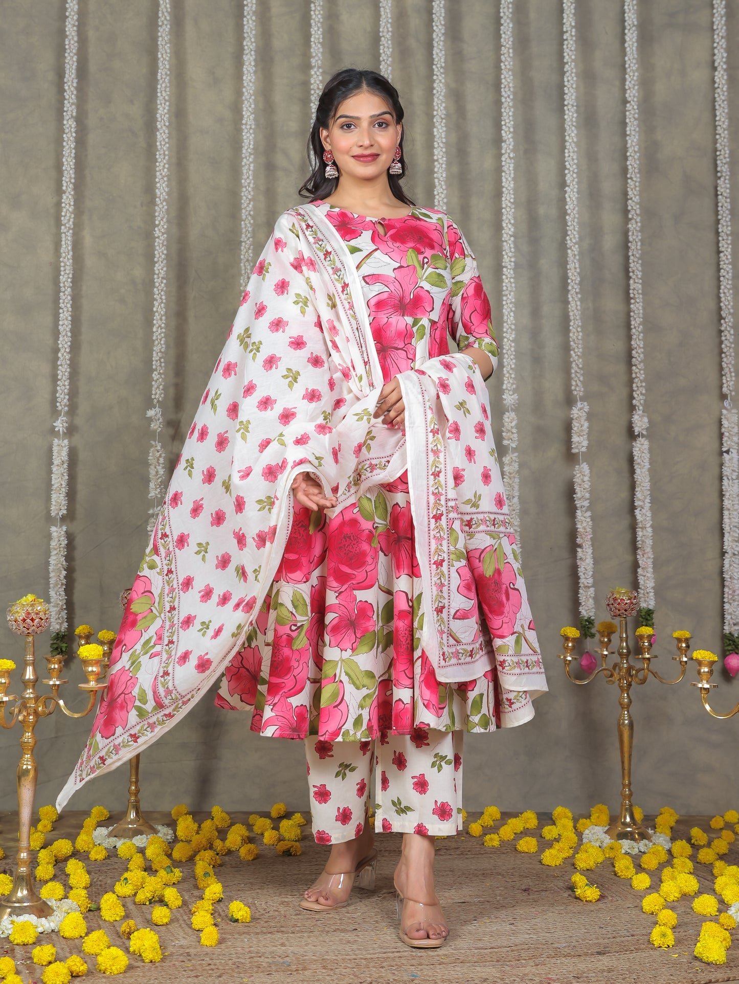 Soft Cotton Floral Anarkali Off White Kurta