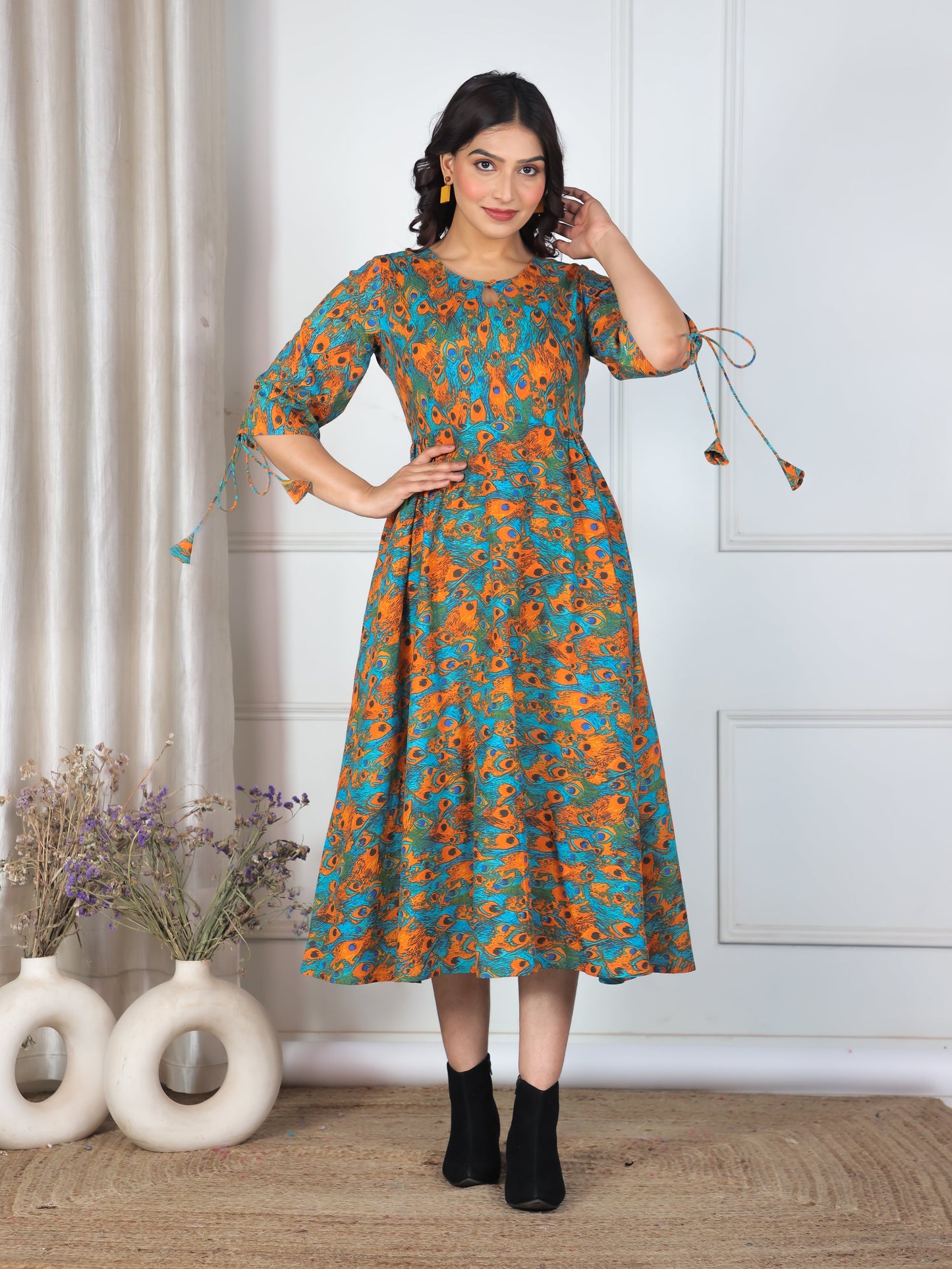 Soft Cotton Abstract Flared Multicolor Dress