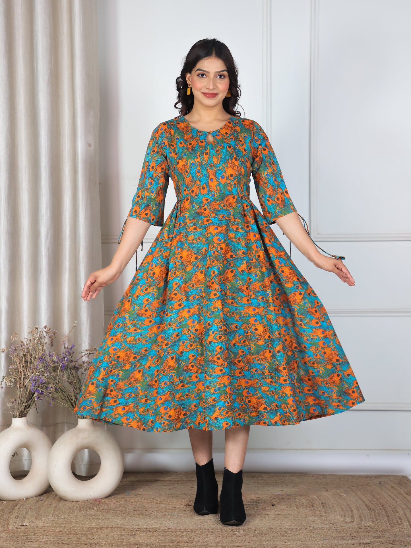 Soft Cotton Abstract Flared Multicolor Dress