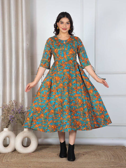 Soft Cotton Abstract Flared Multicolor Dress