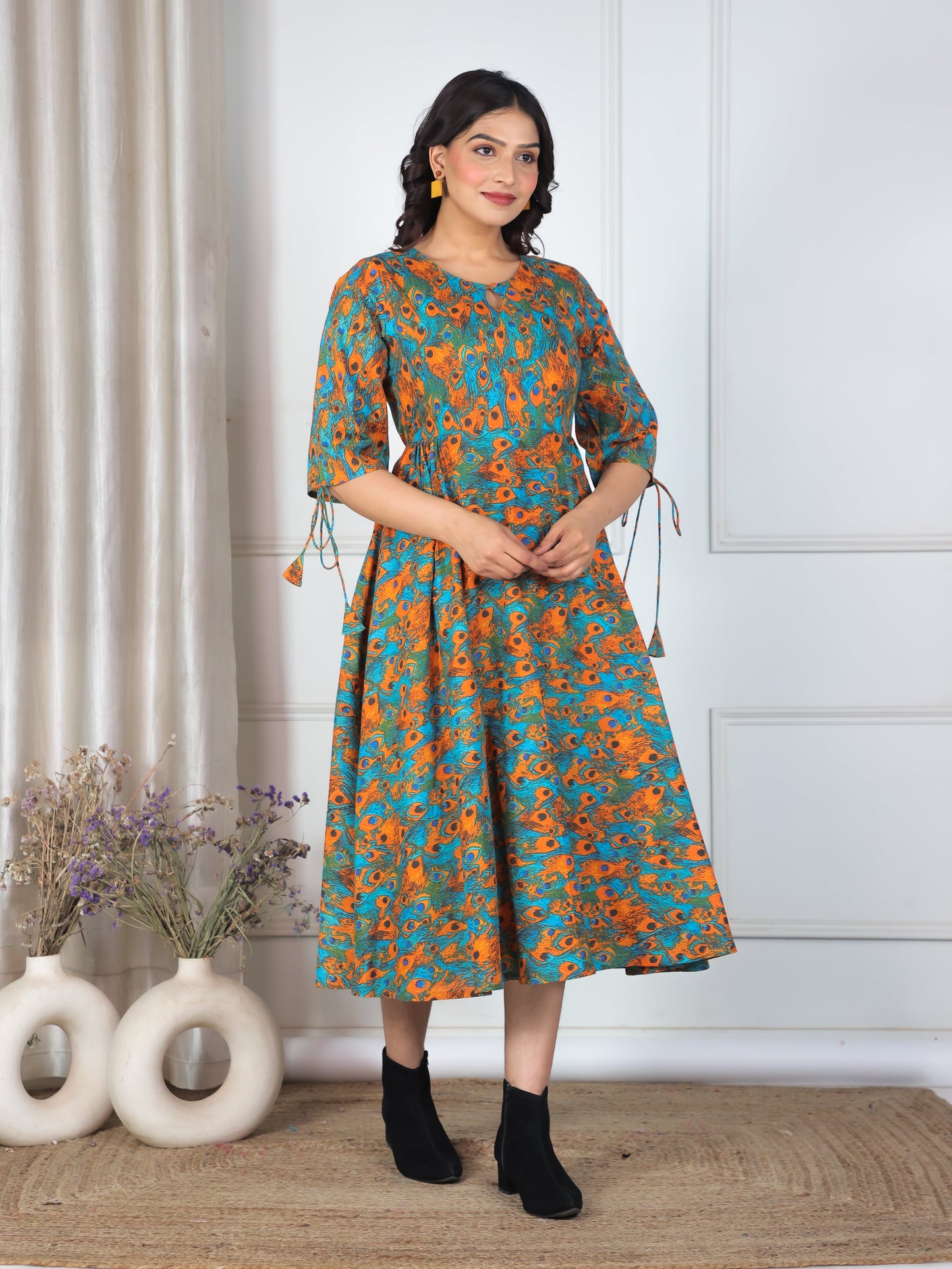 Soft Cotton Abstract Flared Multicolor Dress