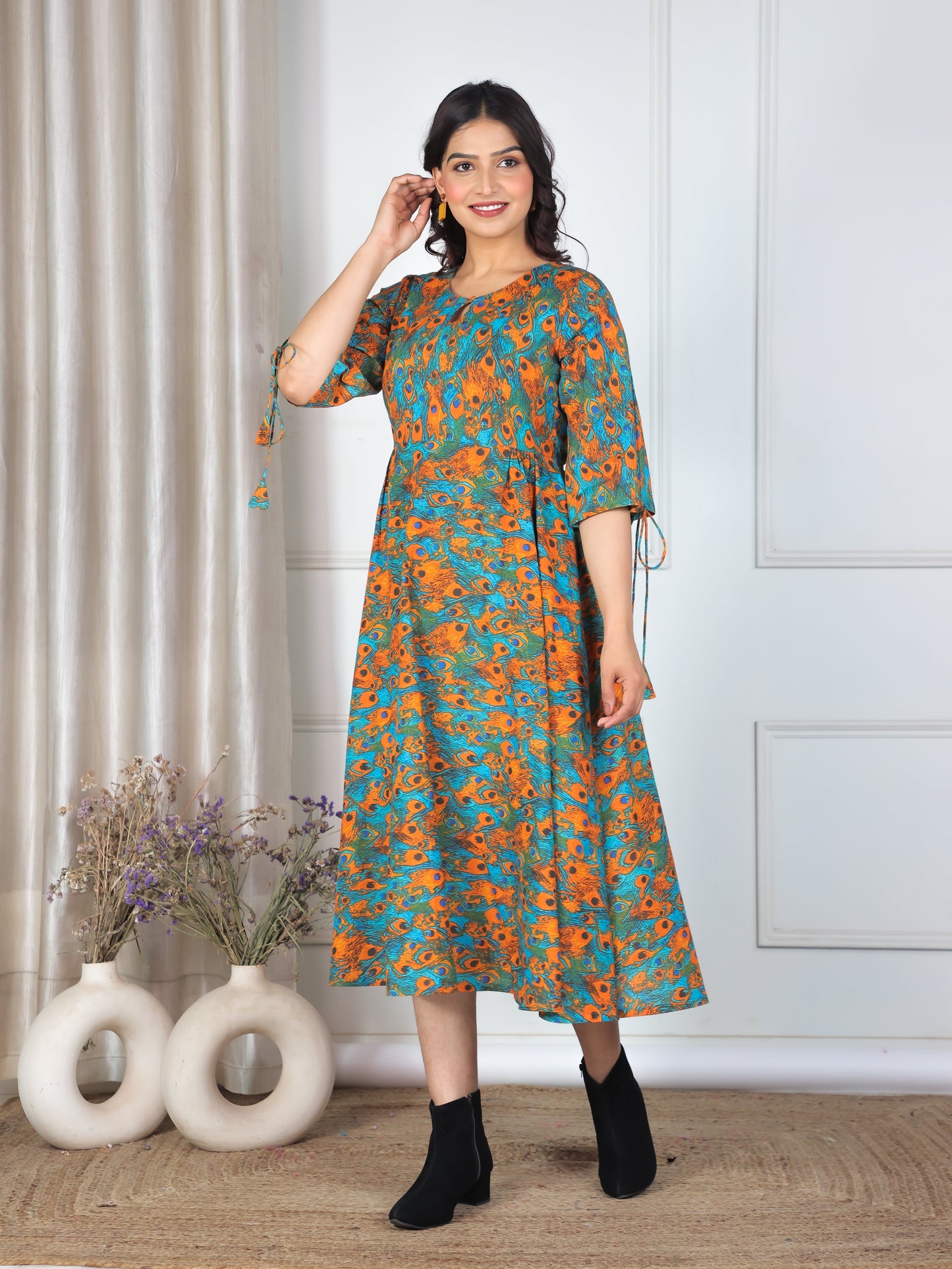 Soft Cotton Abstract Flared Multicolor Dress