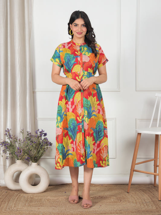 Soft Cotton Foliage A-line Multicolor Dress