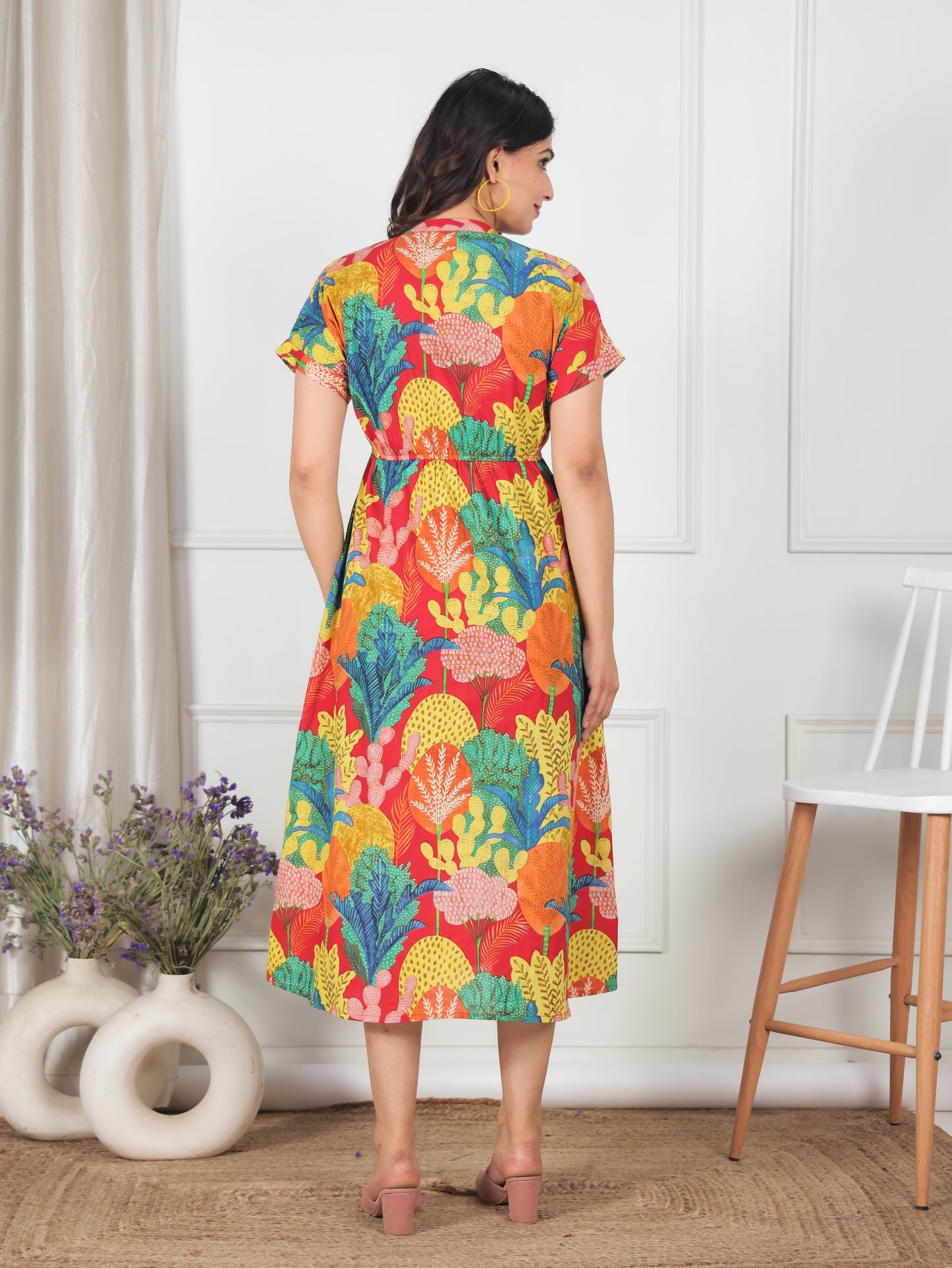 Soft Cotton Foliage A-line Multicolor Dress
