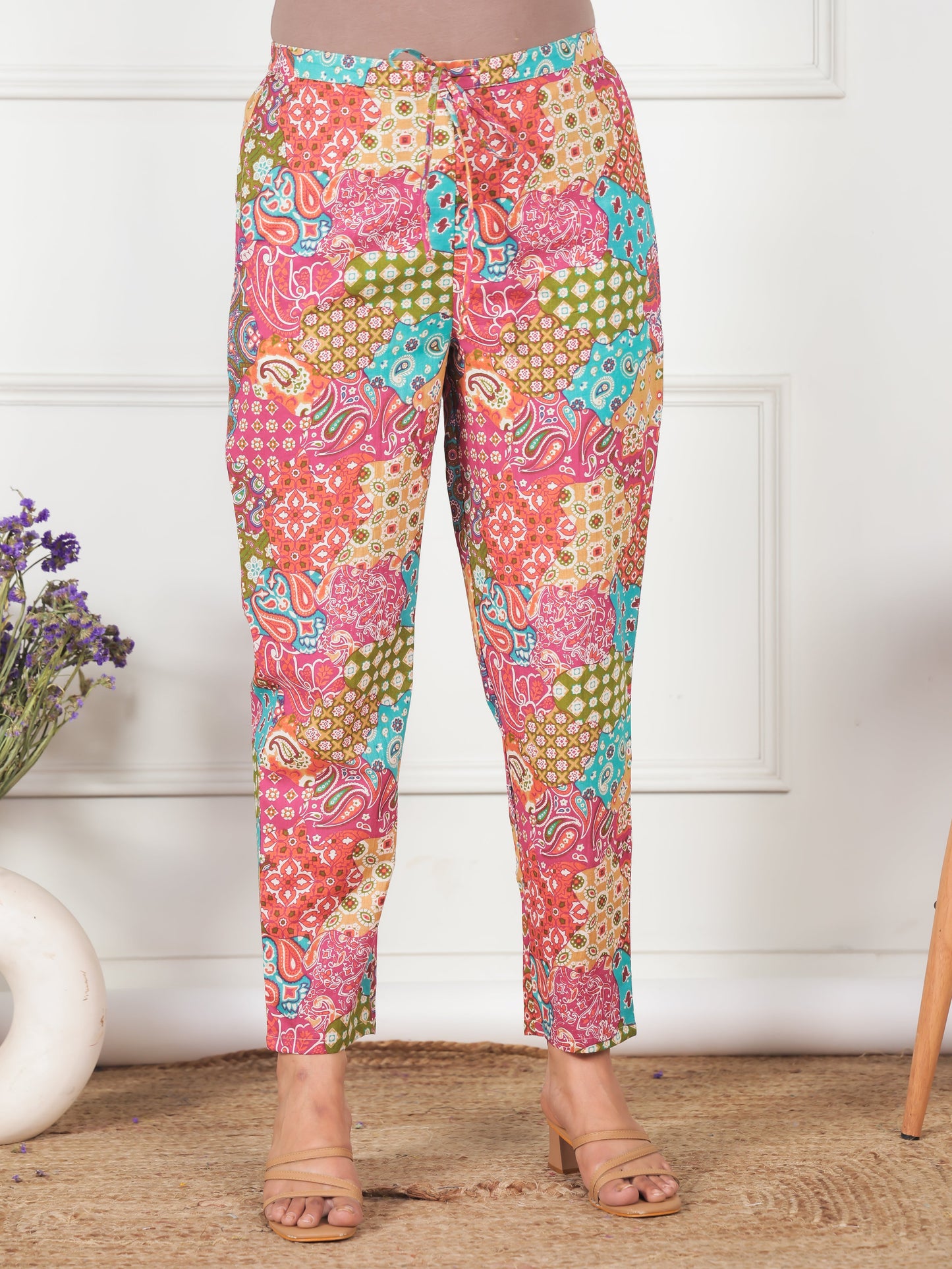 Soft Cotton Patchwork Multicolor Tapered Trousers