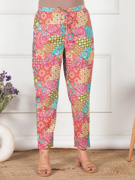 Soft Cotton Patchwork Multicolor Tapered Trousers