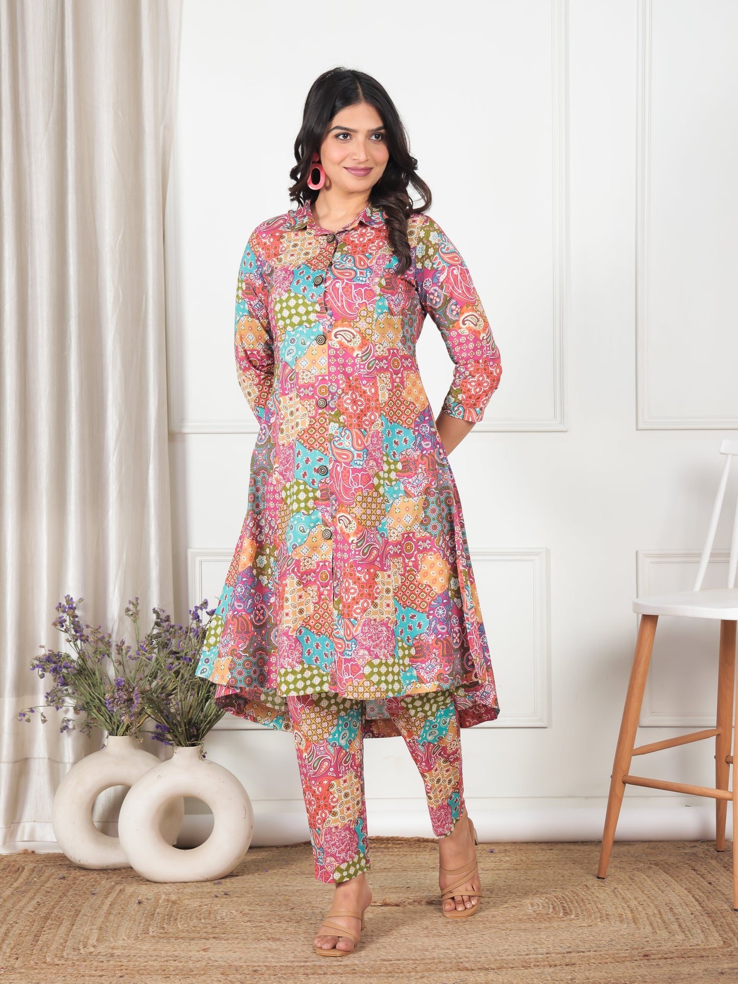 Soft Cotton Patchwork High Low Multicolor Kurta