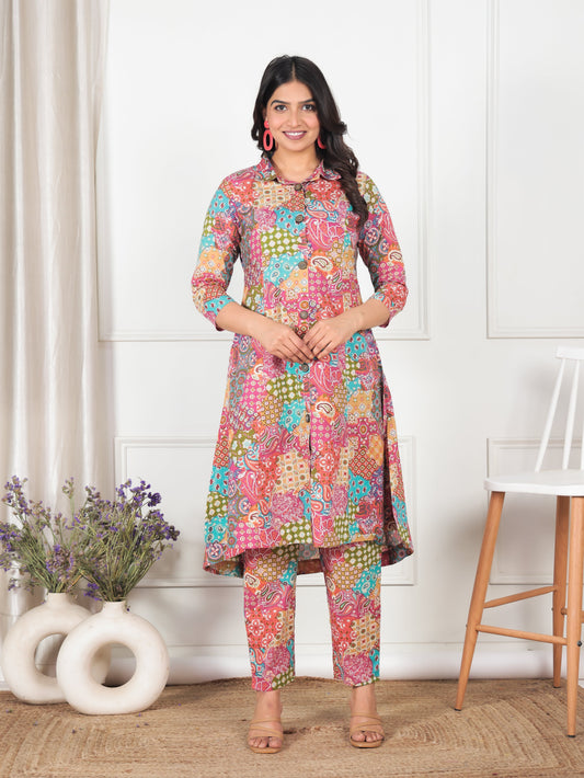Soft Cotton Patchwork High Low Multicolor Kurta