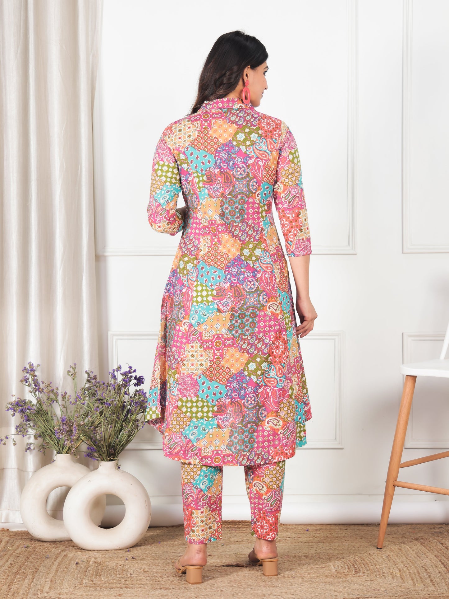 Soft Cotton Patchwork High Low Multicolor Kurta