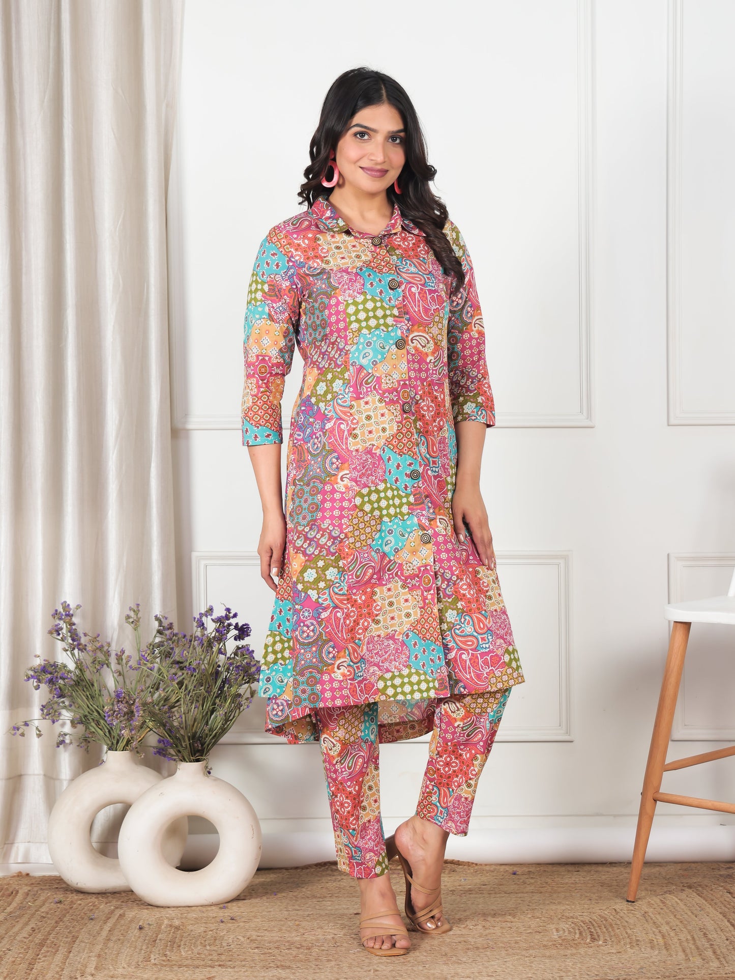 Soft Cotton Patchwork High Low Multicolor Kurta