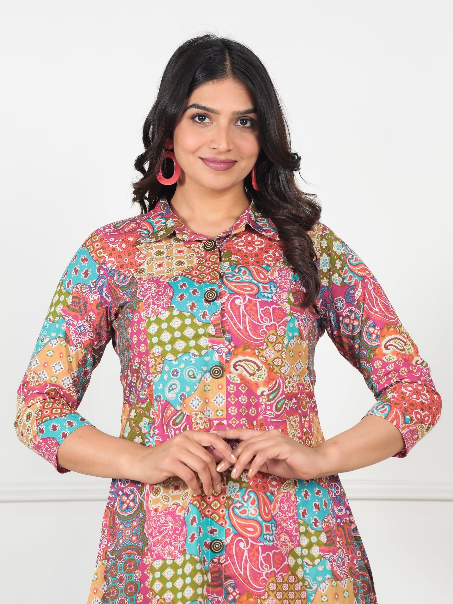 Soft Cotton Patchwork High Low Multicolor Kurta