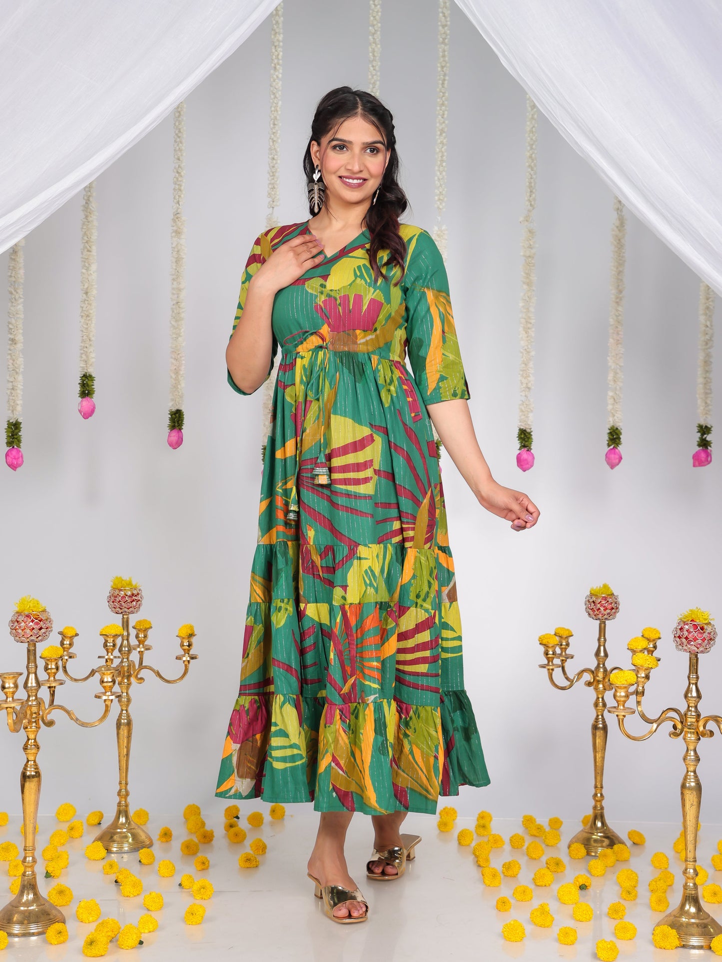 Embroidered Lurex Cotton Foliage A-line Multicolor Dress