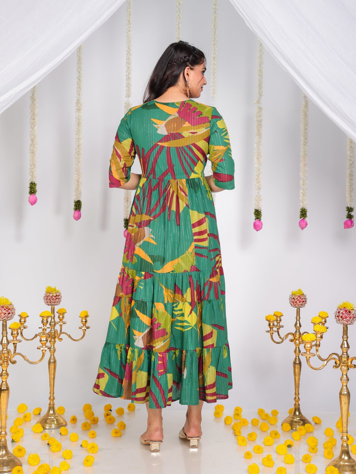 Embroidered Lurex Cotton Foliage A-line Multicolor Dress